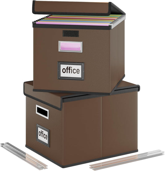 Huolewa File Organizer Boxes with Lids, Collapsible Faux Leather Hanging File Folder Box Organizer with Plastic Slide, Decorative Home/Office Filing System Boxes for File and Folders Storage