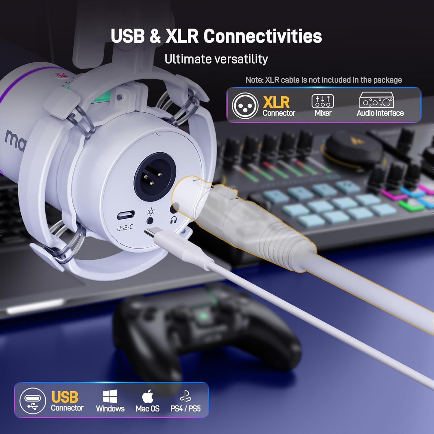 MAONO XLR/USB Dynamic Microphone Kit, RGB Podcast Mic with Software, Mute, Gain Knob, Volume Control, Boom Arm for Streaming, Gaming, Voice-Over, Recording-PD200XS White