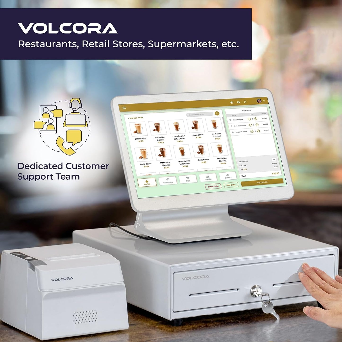 Volcora 13" Manual Push Open Cash Register Drawer for Point of Sale (POS) System, White Heavy Duty Till with 4 Bills and 5 Coin Slots, Key Lock with Removable Coin Tray and Double Media Slots
