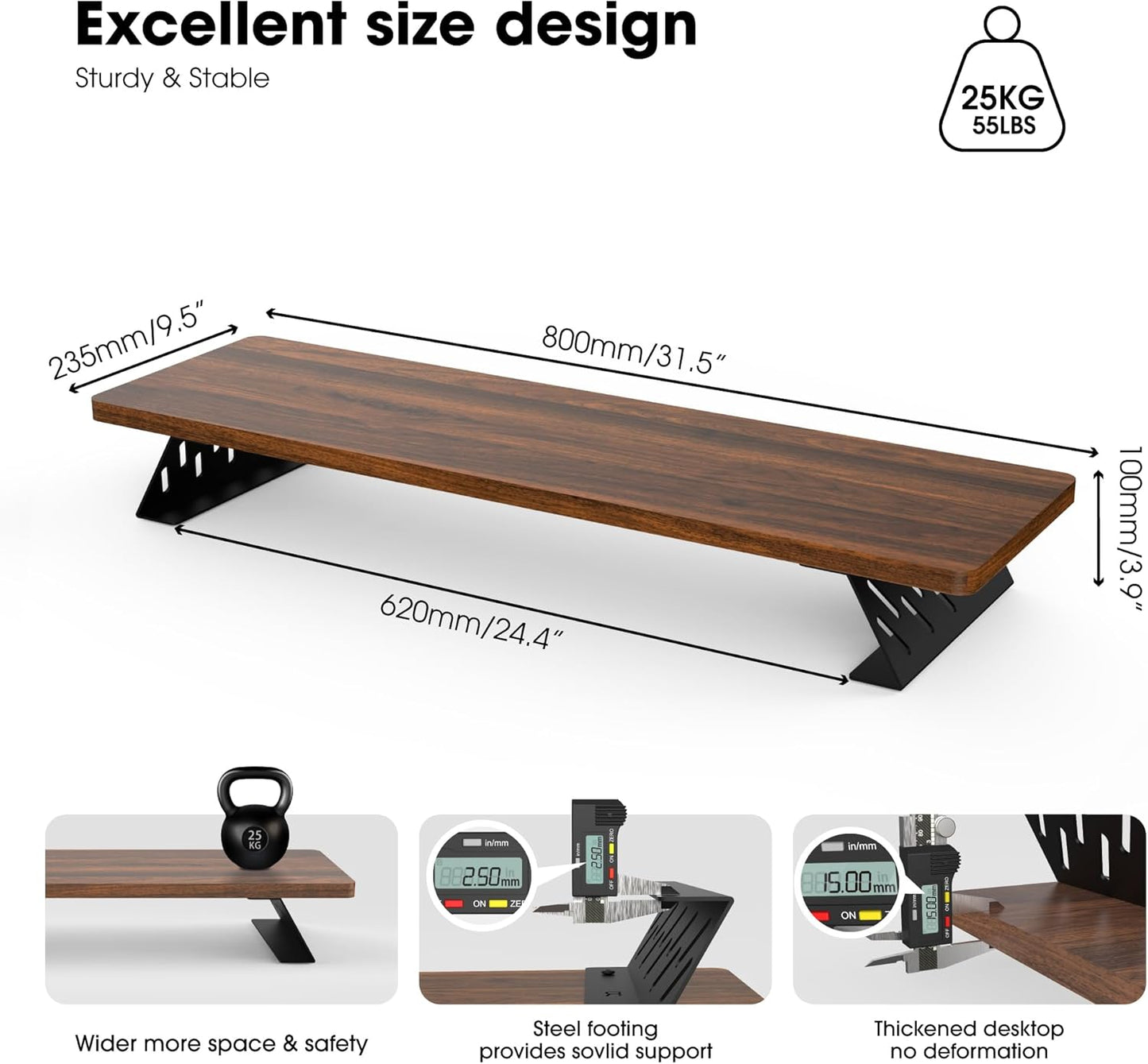 Fenge Monitor Stand Riser, Desk Top Shelf for 2 Monitors, Computer Stands for Desk, Wood & Steel Desktop Riser for Laptop, PC, Printer