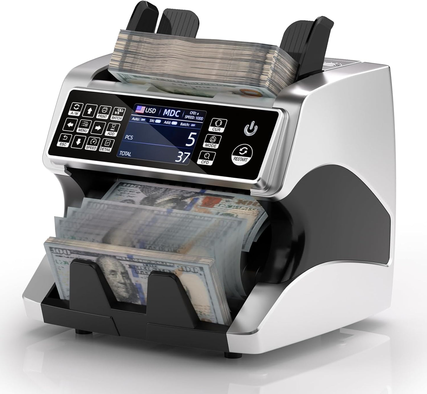 MUNBYN IMC01 Bank Grade Money Counter Machine Mixed Denomination, 2CIS/UV/IR/MG/MT Counterfeit Detection, Serial Number, MUL Currency Cash Counter, Printer Compatible, 2Y Warranty (Silver)