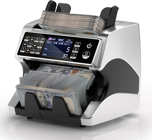 MUNBYN IMC01 Bank Grade Money Counter Machine Mixed Denomination, 2CIS/UV/IR/MG/MT Counterfeit Detection, Serial Number, MUL Currency Cash Counter, Printer Compatible, 2Y Warranty (Silver)