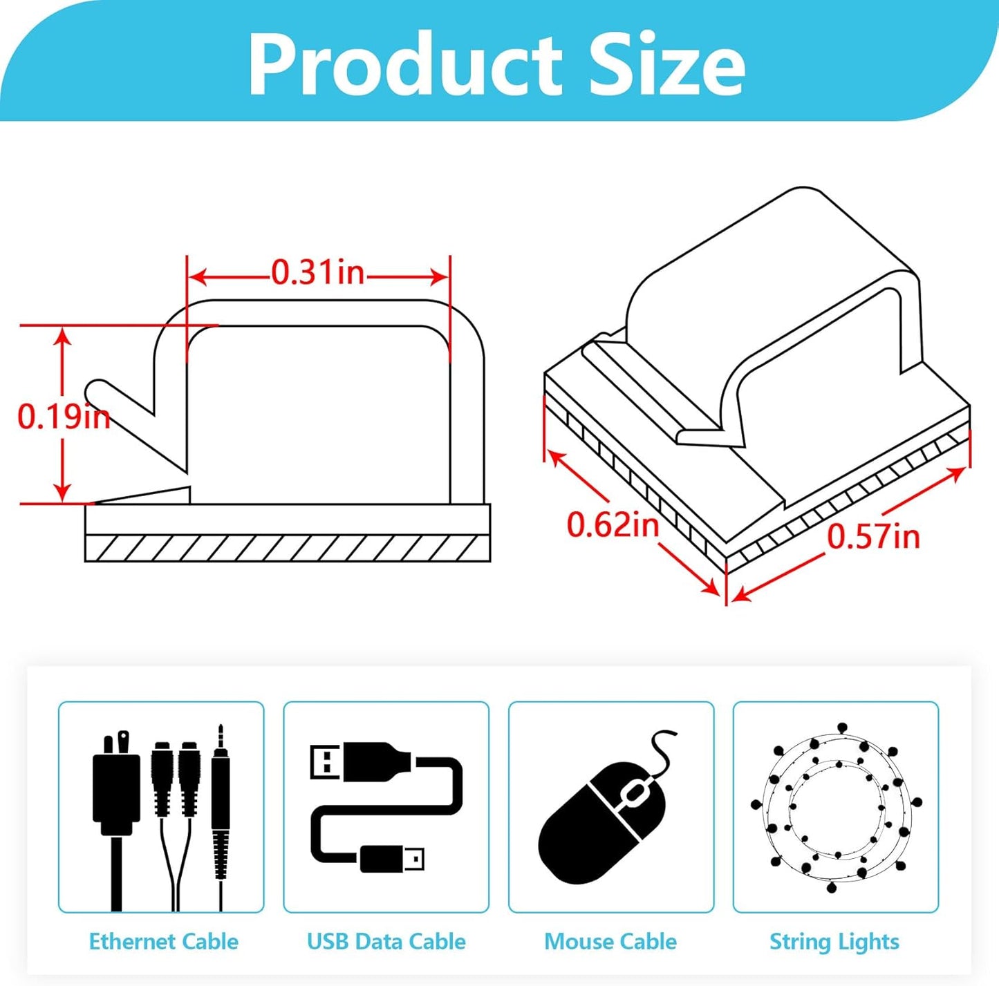 100PCS Cable Clips, Adhesive Wire Clips Organizer Cord Clips Management, Cable Staples Outdoor Strong for Wall, Desk, Christmas Lights, String Lights, TV PC Ethernet Cable, Clear Small