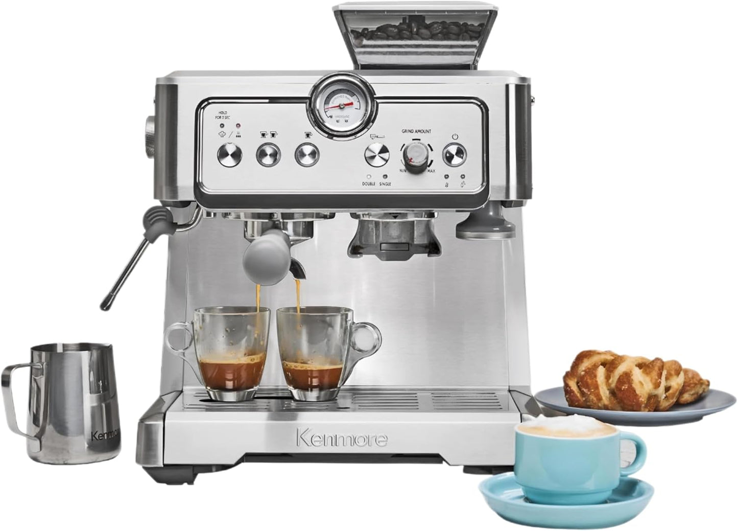 Kenmore Espresso Machine - Semi Automatic Coffee Maker With Auto Tamper, Auto Cleaning, Milk Steamer & Frother, Bean Grinder, Make Professional Barista Style Cappuccino, Café Latte, Stainless Steel