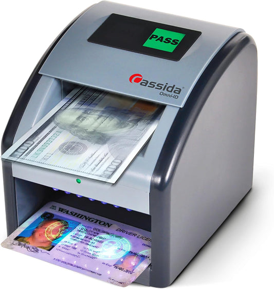 Cassida Omni-ID 2-in-1 Currency Counterfeit Detector with UV Identification Verification Lights – Bill Checker with Infrared, Magnetic and Ultraviolet Sensors - Easy to Read PASS/FAIL Display