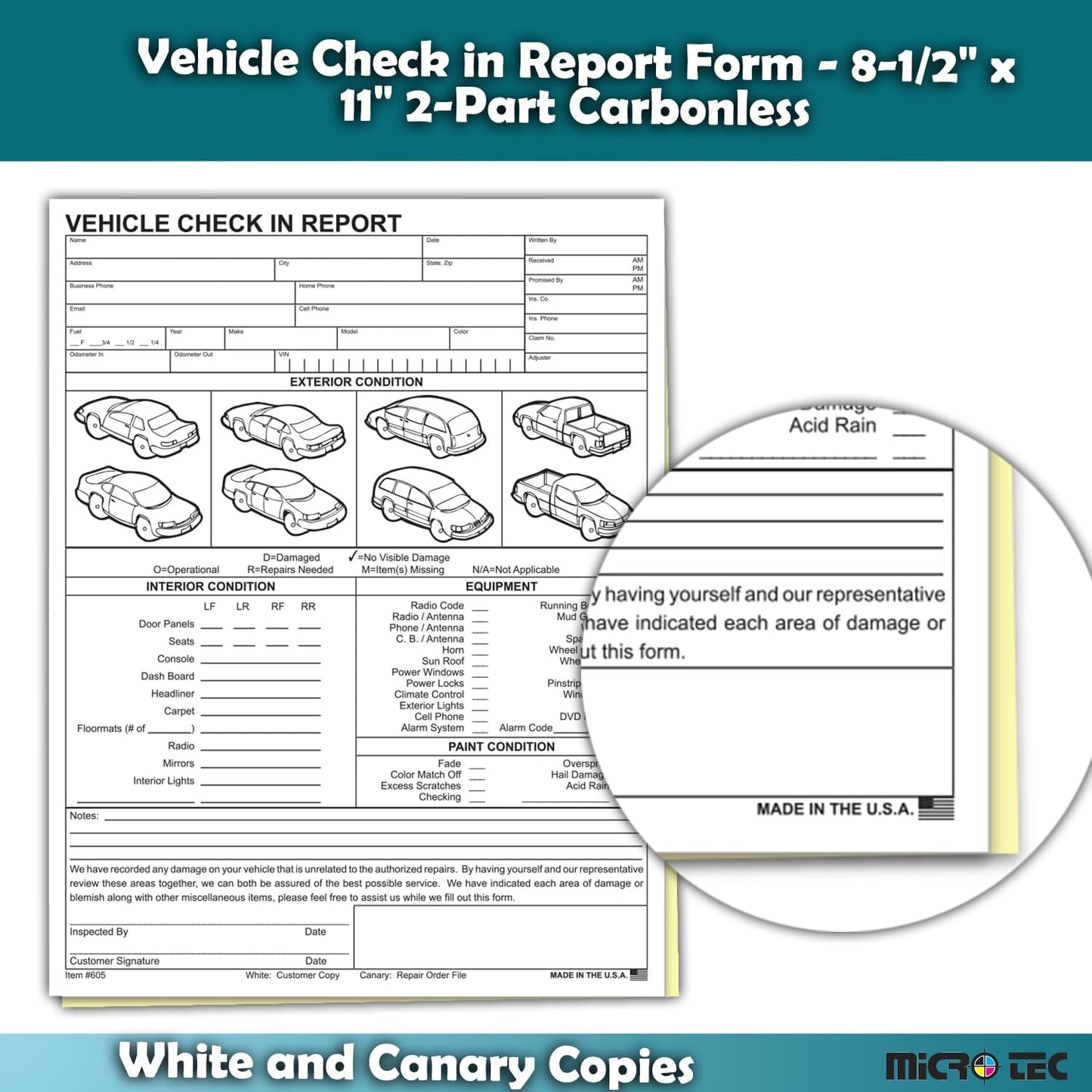Vehicle Check-In Form Pad – 8.5" x 11" 2-Part Carbonless Auto Condition Report – White & Canary Copies – Service Intake Sheet for Car Dealerships, Repair Shops & Mechanics – Pack of 300