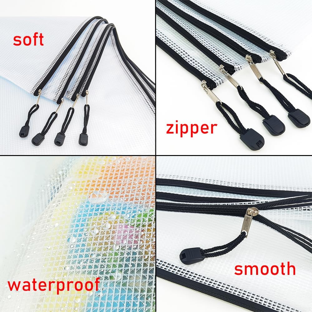 AUSTARK 10 Pcs Zipper File Bags, Waterproof Plastic Mesh Pouch for Office School, Board Game Storage Bags (Multi-Size, White and Black)