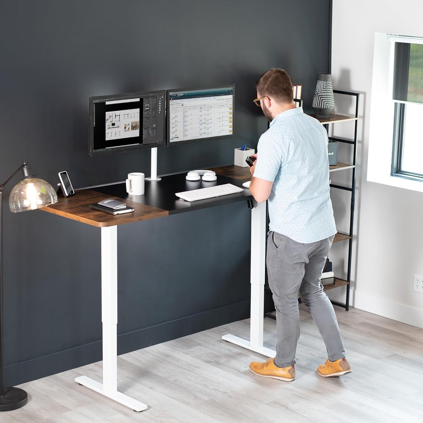 VIVO Electric 71 x 30 in Rustic Standing Desk, Memory Height Adjustment, 1B Series, Black and Vintage Brown Top, White Frame, DESK-KIT-1W7BN