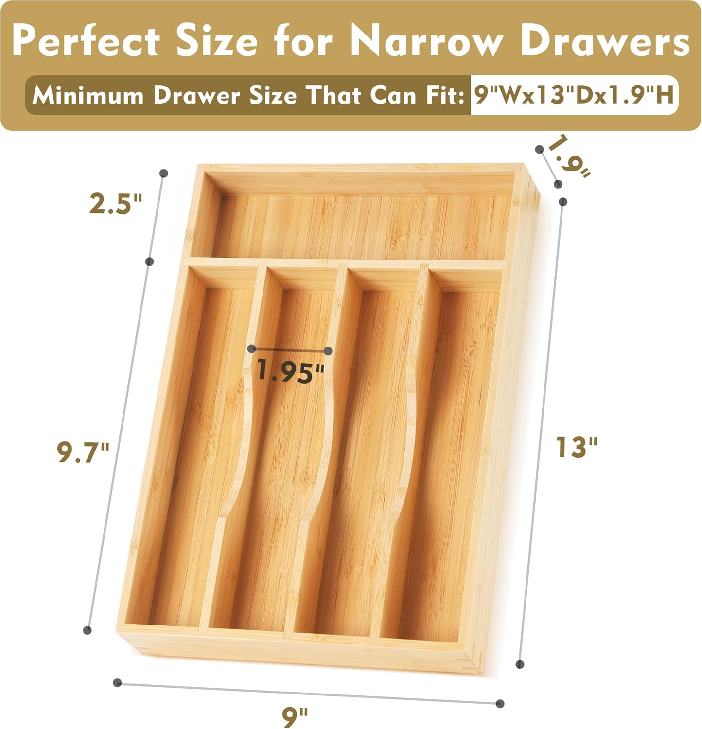 Bamboo Kitchen Drawer Organizer, 9 Inch Silverware Utensil Holder for Samll Drawer, Narrow Silverware Organizer for Cutlery Knives