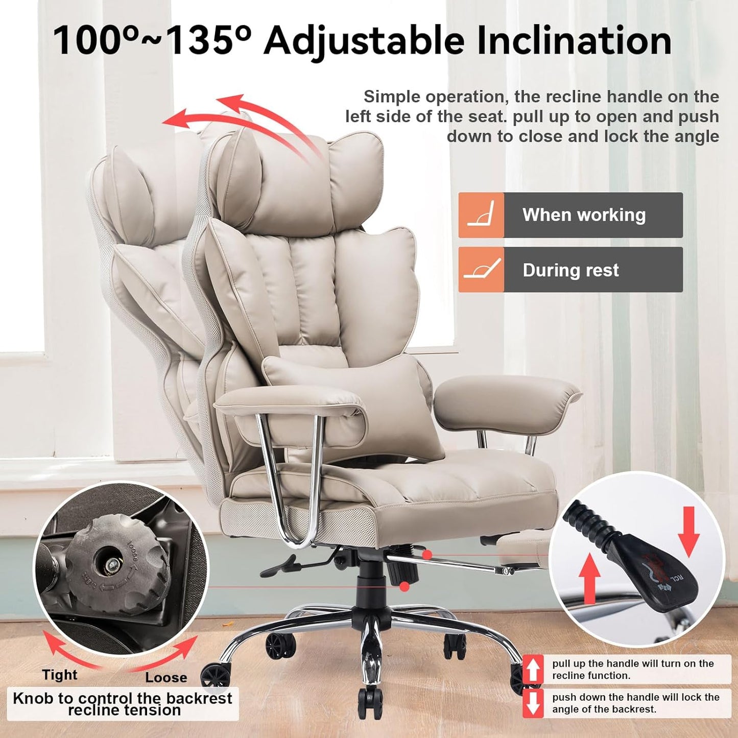Efomao Big and Tall Office Chair 400lbs – High Back PU Leather Executive Chair with Lumbar Support, Footrest, Swivel Base, Padded Armrests, and Rolling Wheels for Home Office, Grey Computer Chair