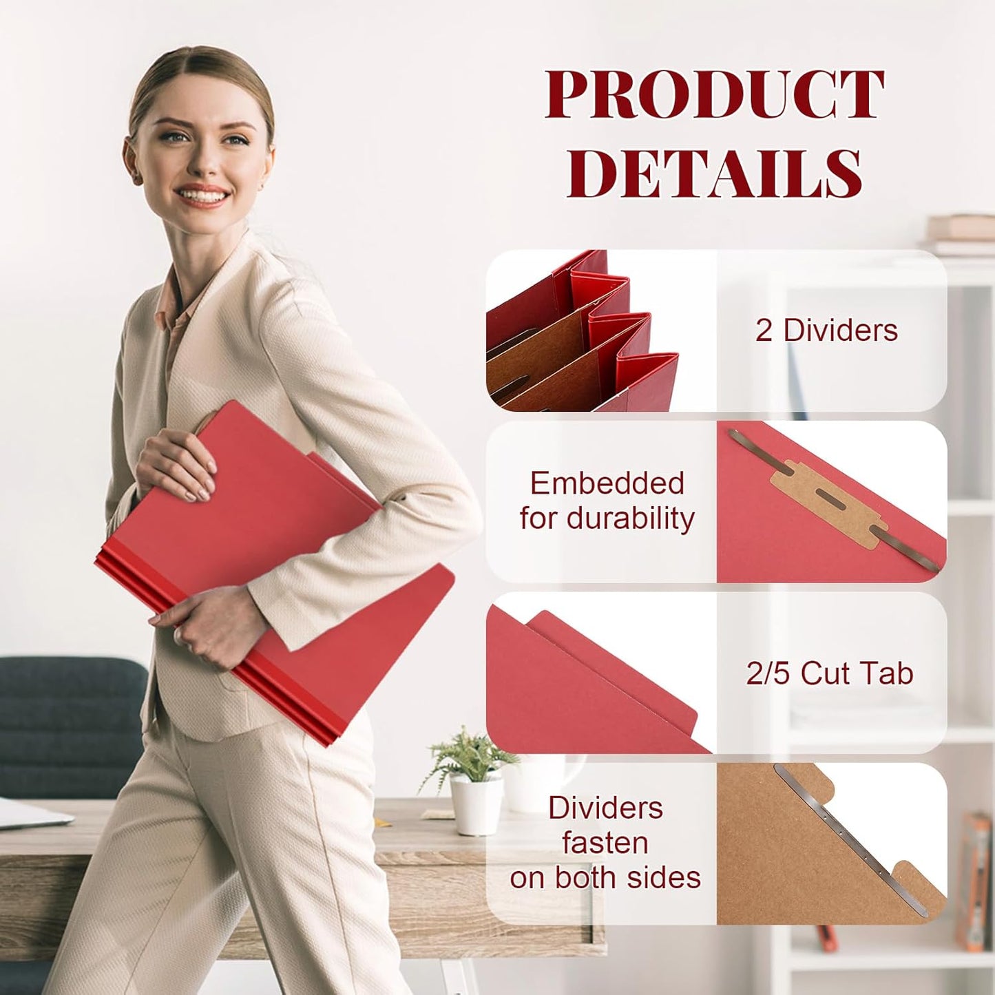 60 Pcs Classification Folders Letter Size, 2 Divider Pressboard File Folders with 3. 5 Inch Expansion, 2 Prongs Fastener, Heavy Duty Office File Organizers for Teachers, Medical (Dark Red)