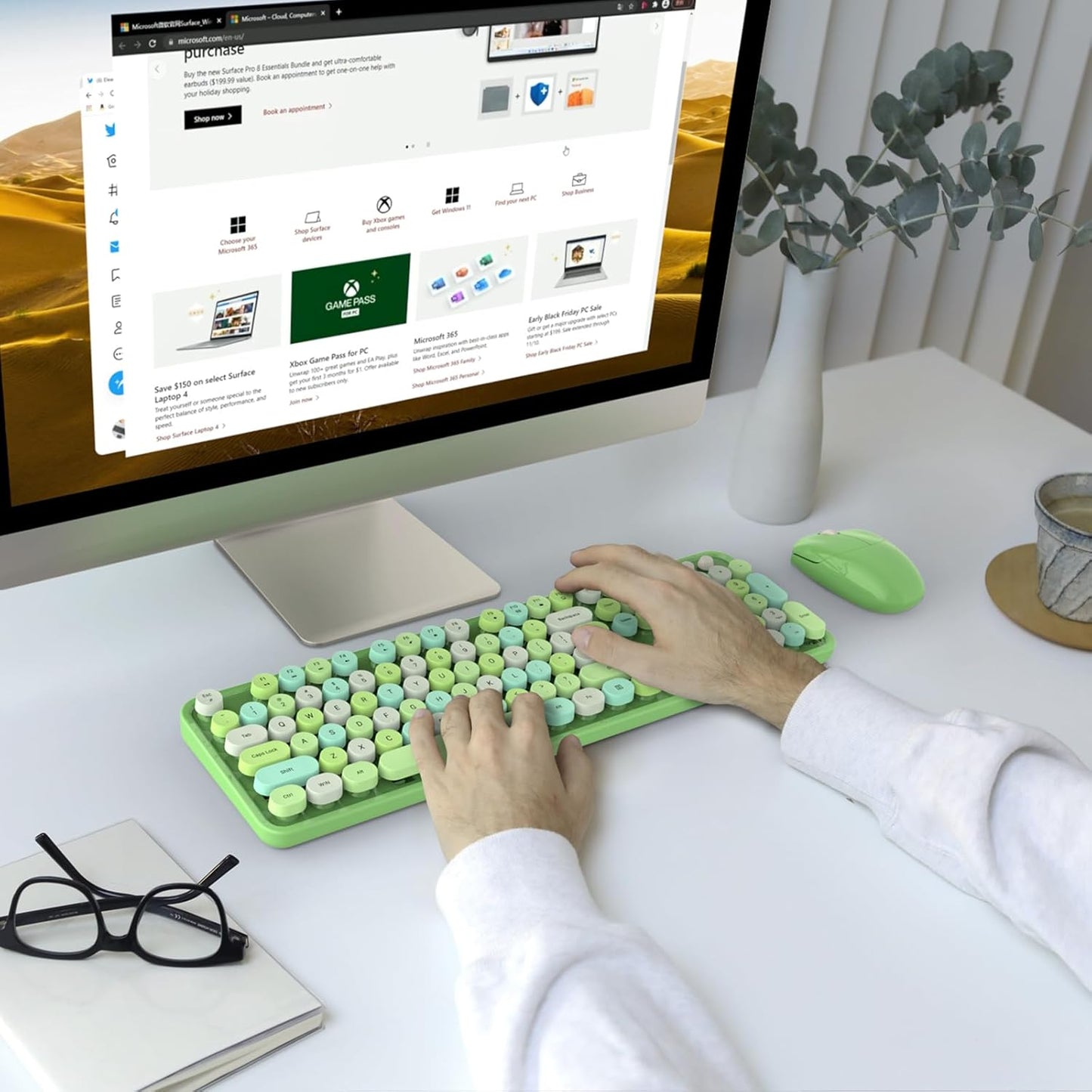 Wireless Keyboard and Mouse Combo, 104 Keys Full-Sized 2.4 GHz Round Keycap Colorful Keyboards, USB Receiver Plug and Play, for Windows, PC, Laptop, Desktop (Green Colorful)