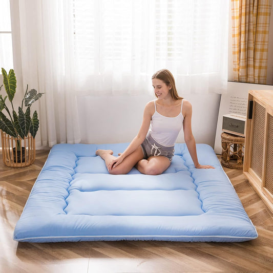 MAXYOYO Japanese Floor Mattress Futon Mattress, Thicken Sleeping Pad Foldable Roll Up Floor Futon for Adults Tatami Mat Dormitory Bed Lounger, Dusty Blue, Queen Size