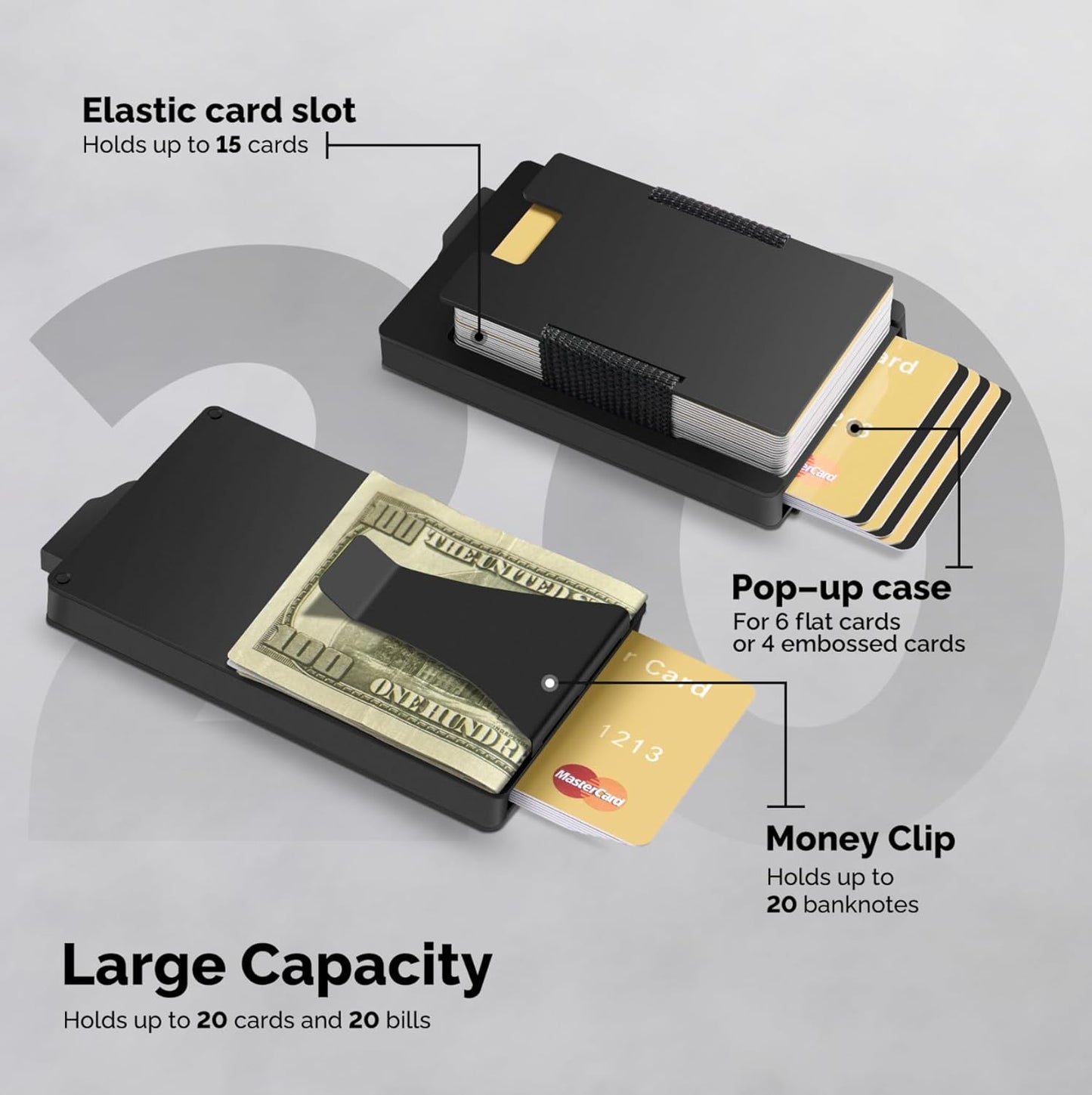 Wallet for Men with Money Clip - Flexible Storage for up to 20 Cards & Bills, RFID Blocking Card Holder with Smart Card Slot, Minimalist Mens Wallet, Metal Pop Up Wallets, Gifts for Men Black