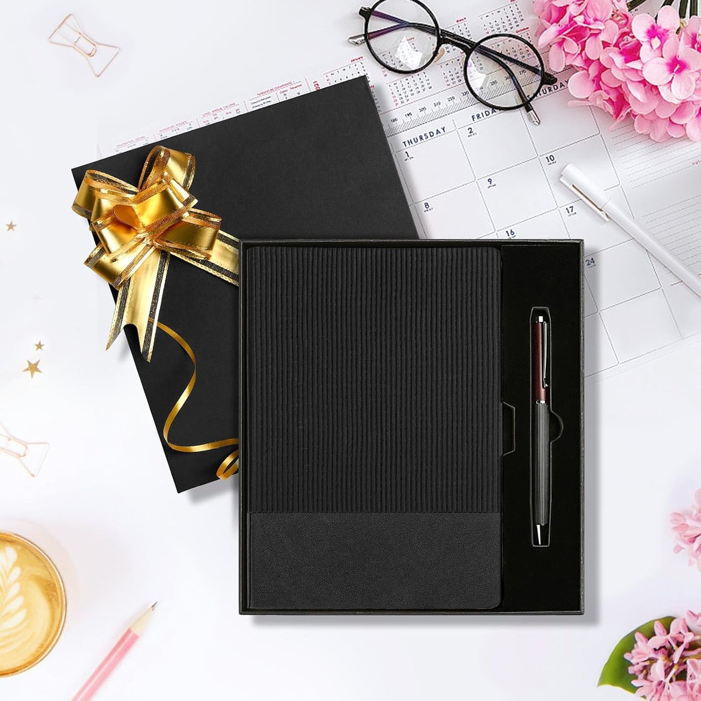 TSFPapierA5 Lined Notebook with Pen & Gift Box 216 Pages PU Leather Journals for Women Men 100GSM Thick Paper College Ruled Notebook for School,Travel,Business,Work,Home Writing (A5 Lined 216pages, Black - Gift Box Set)