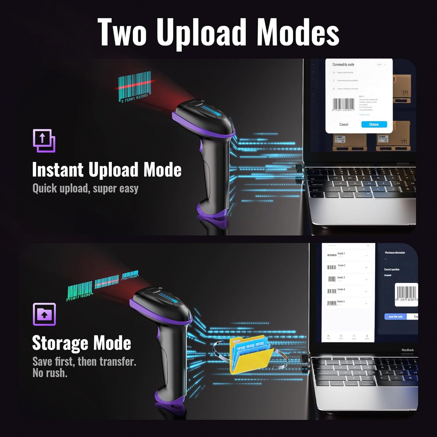 Tera Barcode Scanner Wireless Versatile 2-in-1 (2.4Ghz Wireless+USB 2.0 Wired) with Battery Level Indicator, 328 Feet Transmission Distance Rechargeable 1D Laser Bar Code Reader Handheld 5100 Purple