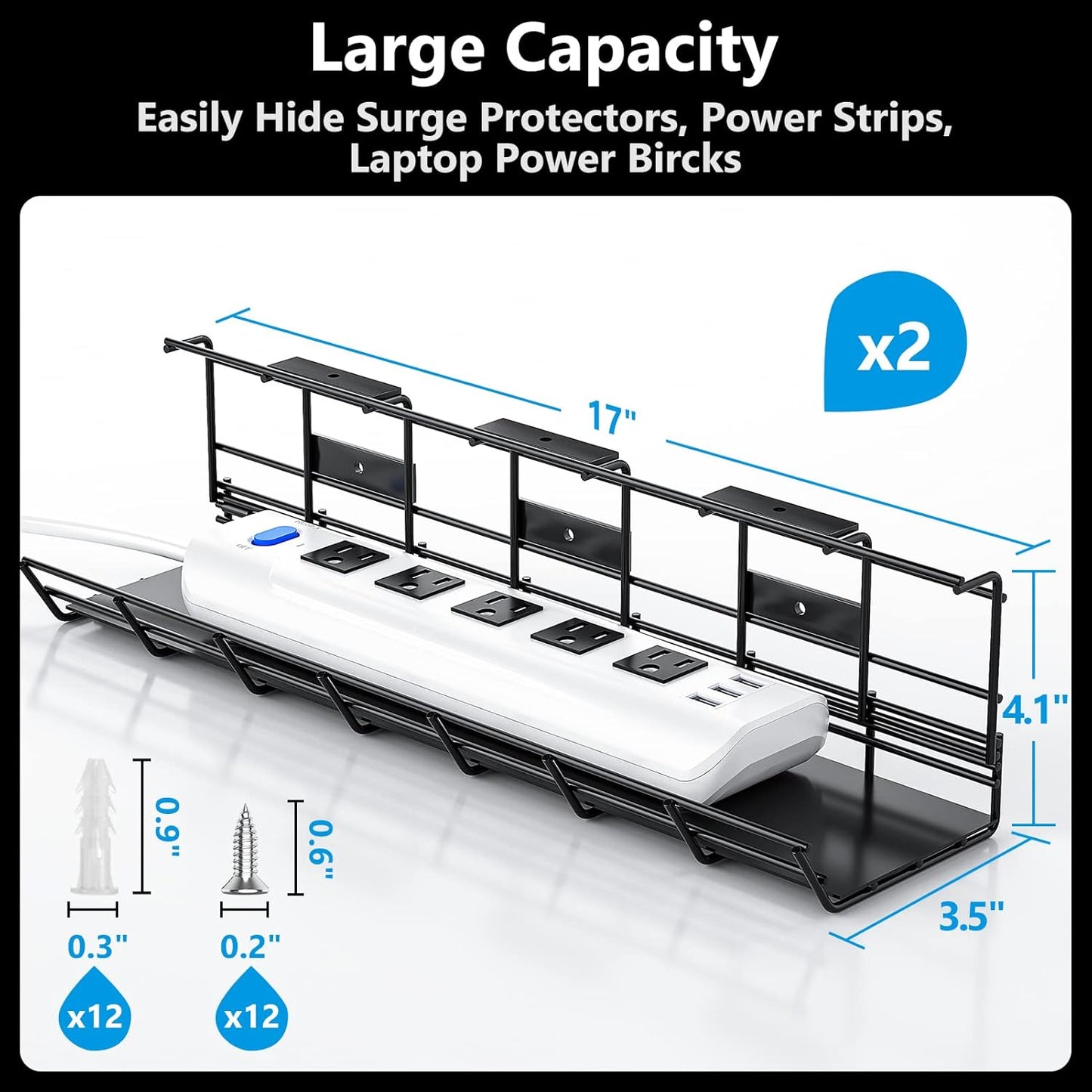 2 Pack DELAMU Under Desk Cable Management Tray, Metal Cord Cable Organizer for Desk, Easy Install Pre-drilled Wire Management Wire Organizer for Office & Home