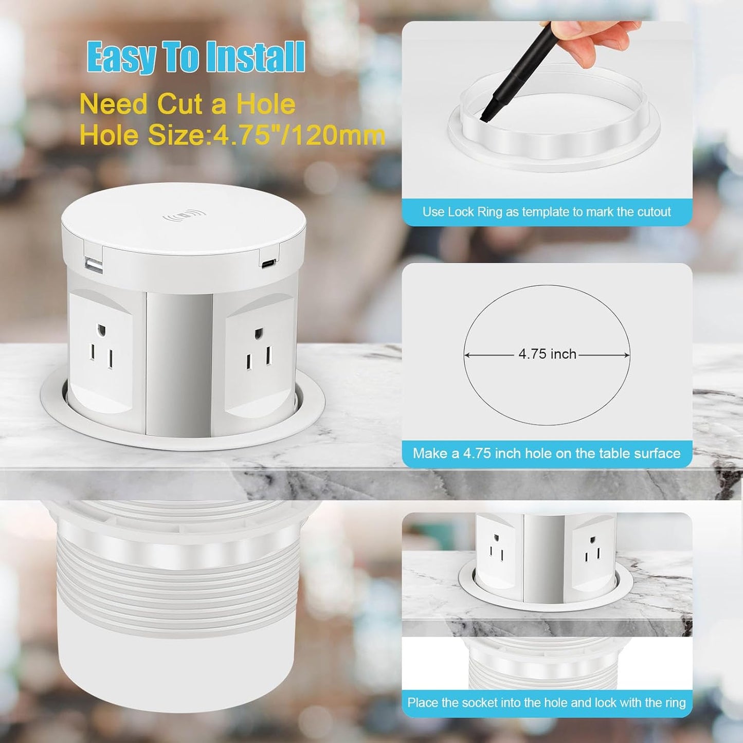 Automatic Pop up Outlet, Wireless Charger Power Strip Surge Protector Recessed Outlet, 4 AC Plug + Type-A and Type-C USB Port Outlets for Countertop Kitchen Island Conference Workbench, ETL Listed