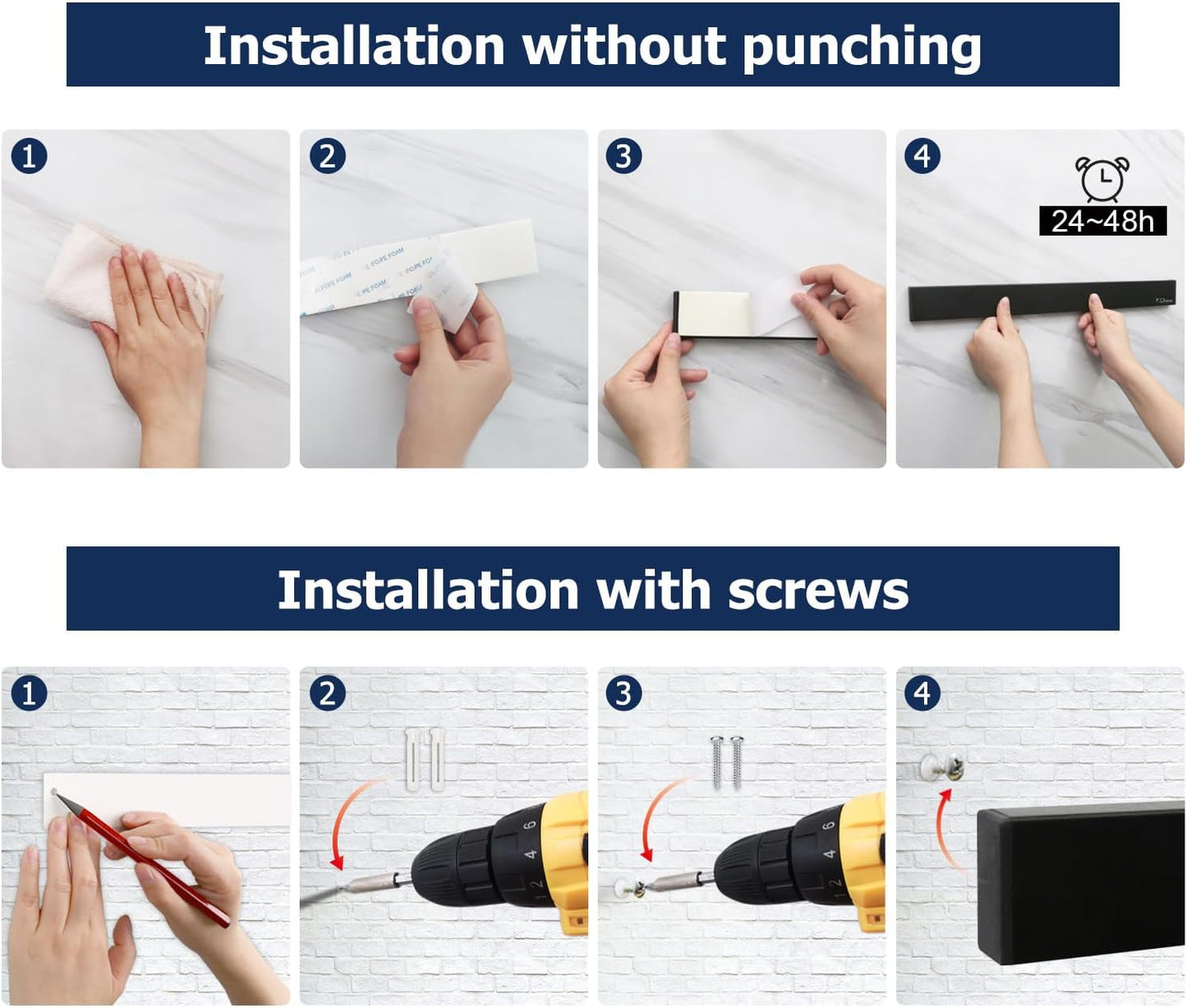Dmore magnetic knife holder for wall—with 4 hooks, No Drilling 23 Inch black knife magnetic strip, Powerful knife magnet rack, include Adhesive Tape and screws for Knives, Utensils, and Tools