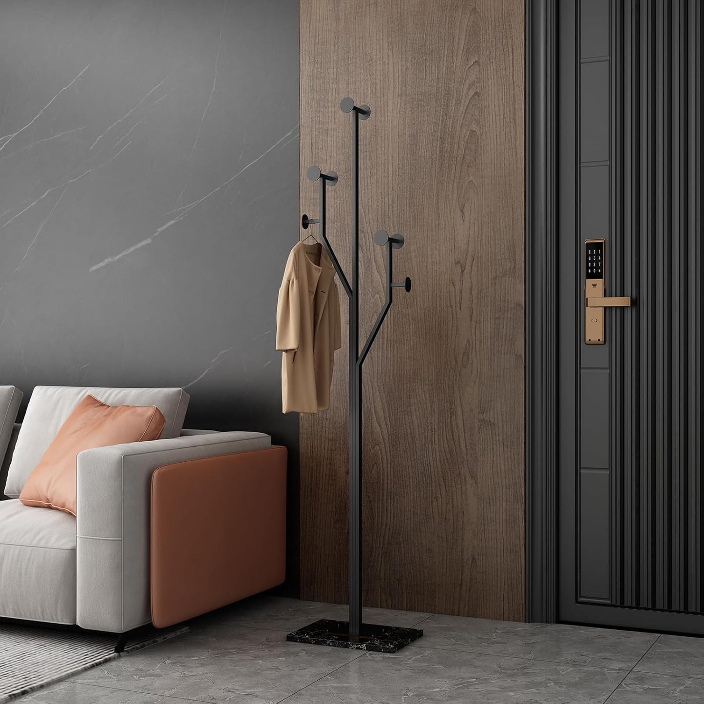 Freestanding Coat Rack Tree-shaped Metal Coat Tree with Heavy Duty Marble Base Corner Clothing Rack for Bedroom Entryway Hallway 14.96 x 10.24 x 68.9 Inches (Black)