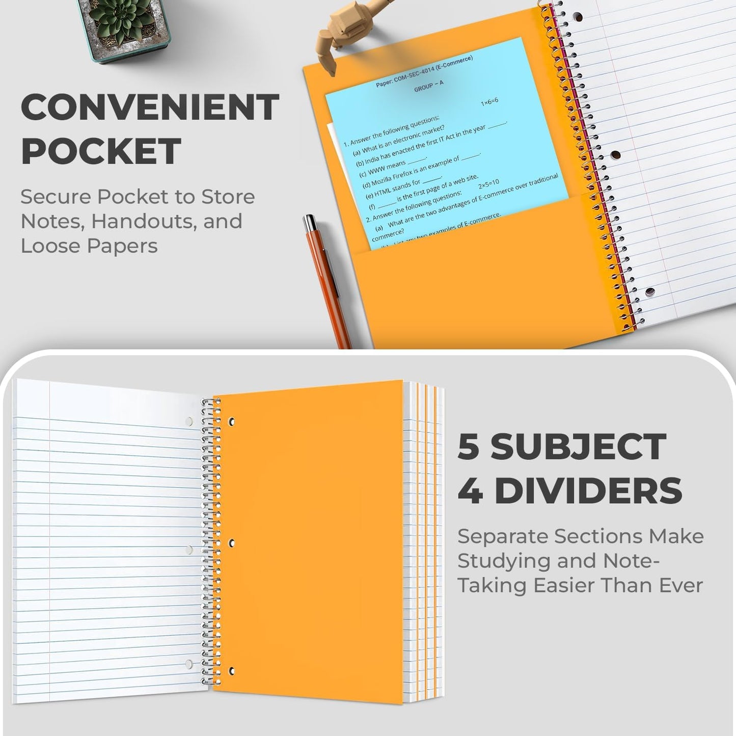720 Packs (Pallet) 5 Subject Notebooks, Spiral Notebook Bulk, College Ruled,Pallet of Notebooks,150 Sheets (300 pages), 8 x 10-1/2", Bulk Spiral Notebooks for School & Office,4-7 Days Transit