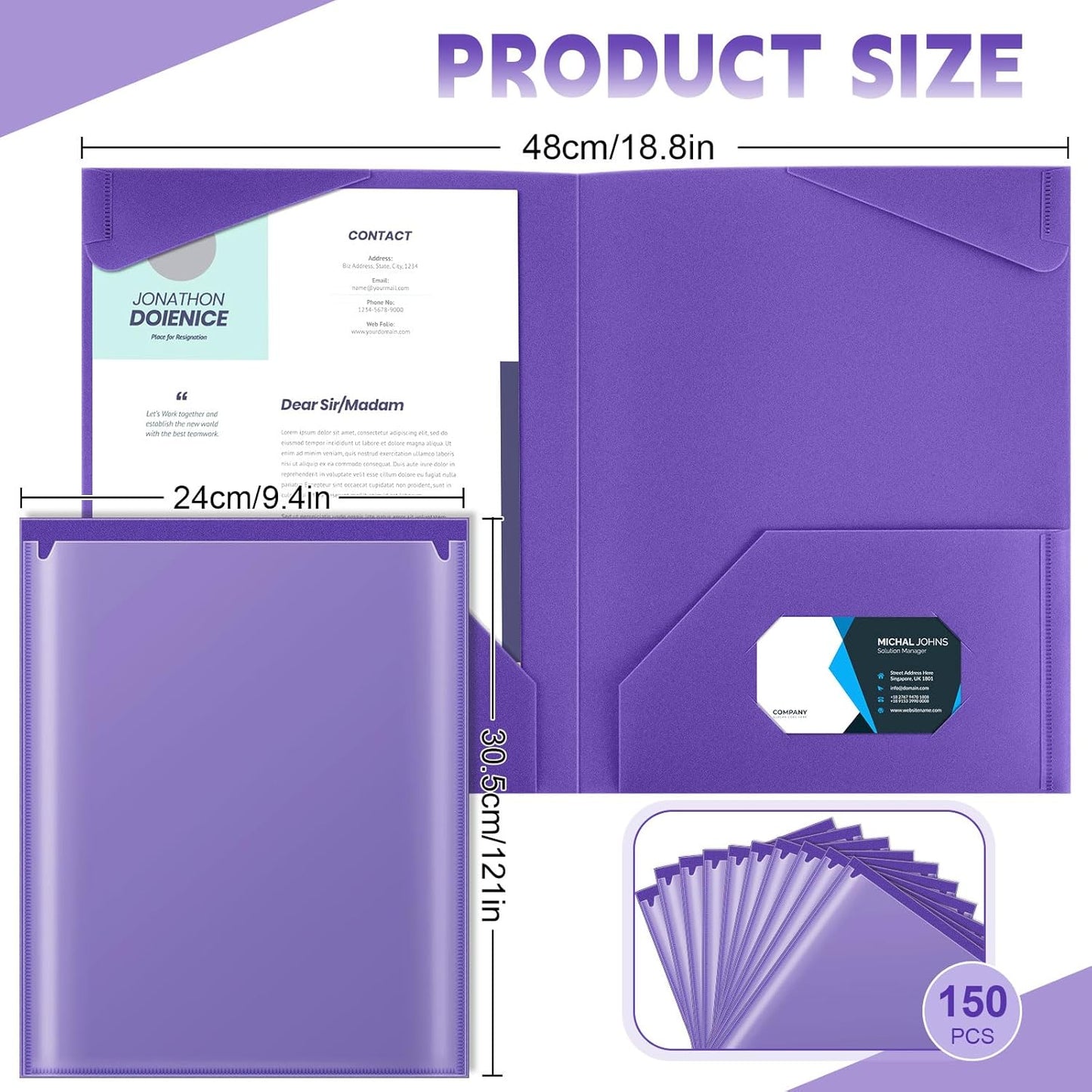 Henoyso 150 Pcs Plastic Folders with Clear Front Pockets Bulk Heavy Duty File Folders with 2 Pockets and Card Slot for Student Teacher Back to School Supplies Office Presentation (Purple)