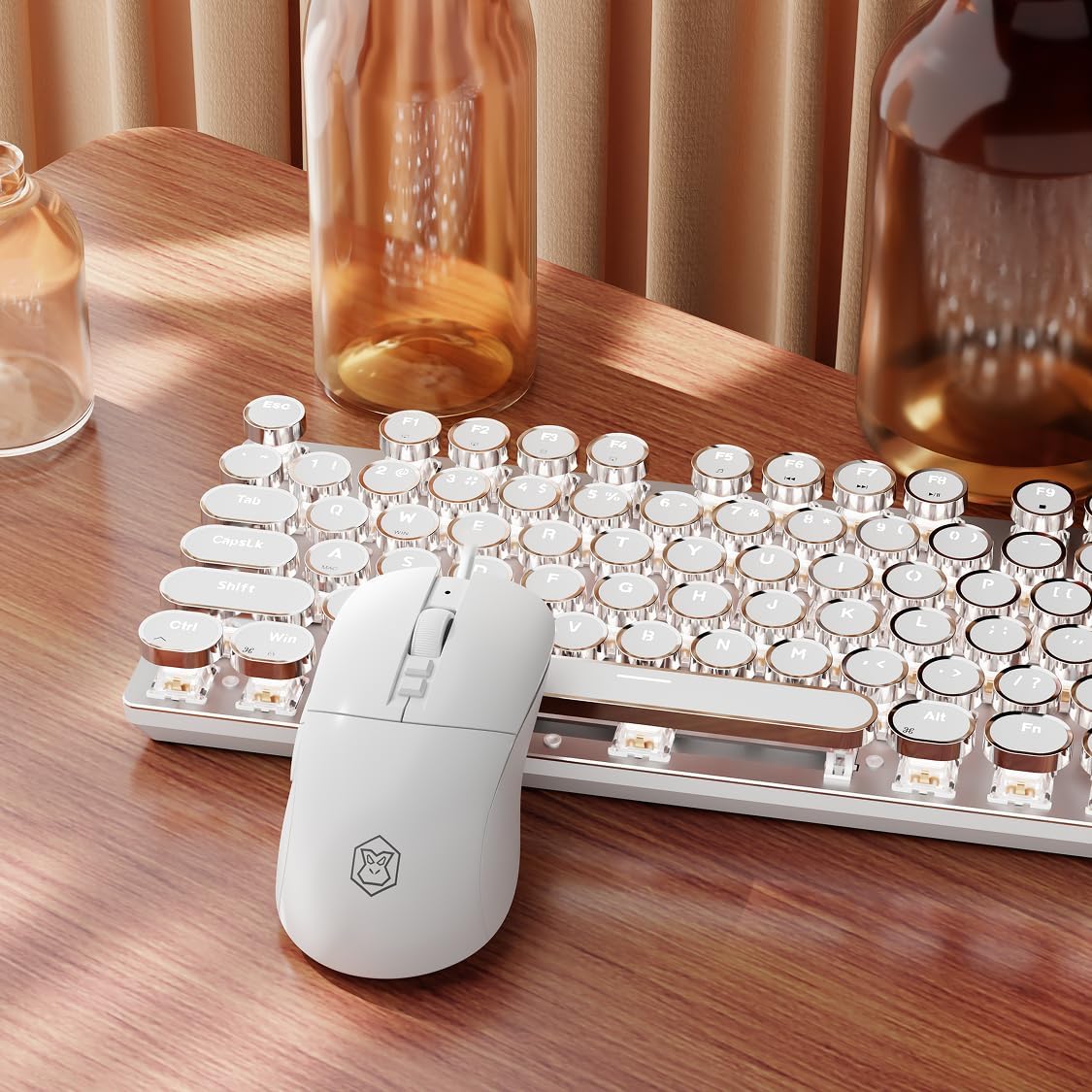 EWEADN Wired Typewriterkeyboard and Mouse Combo, Typewriter Style Mechanical Gaming Keyboard,104 Keys Backlit LED Keyboards, Media Control Knob, Wired Keyboard Pink Switch for Windows/Mac/PC-White