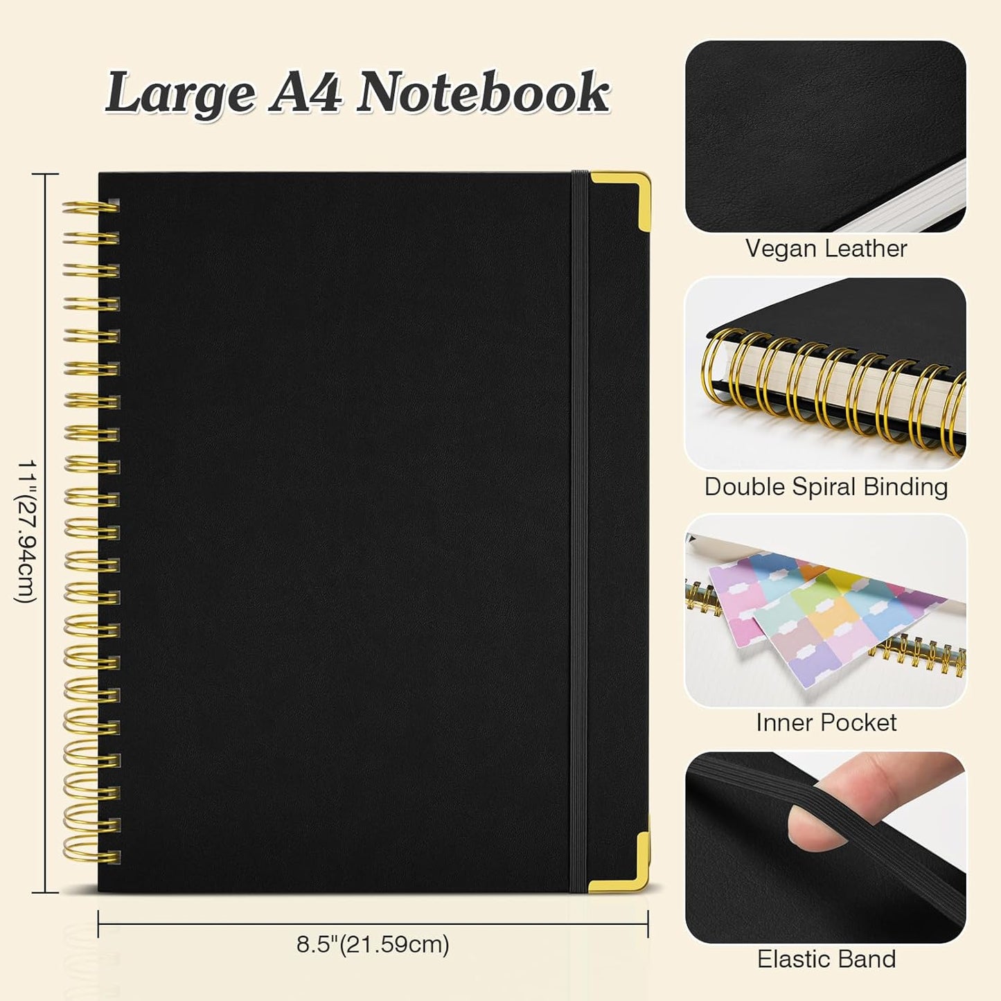 Graph Paper Notebook, Spiral Grid Notebook 8.5" X 11", Hardcover Leather Journal 300 Pages, 100GSM Thick Grid Paper Notebook, Large A5 Graphing Notebook Journal for Women Men Writing Engineering Work