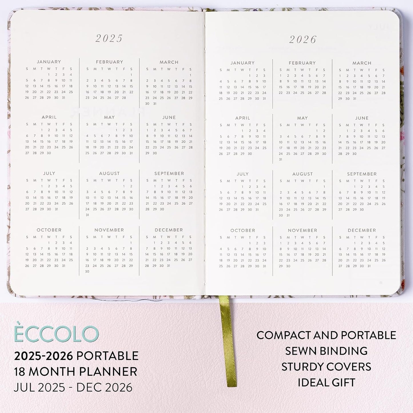 2025-2026 Eccolo 18 Month Linen Botanical Bound Planner, Monthly & Weekly Pages (5.25 x 7.75" - July 2025 - Dec 2026)
