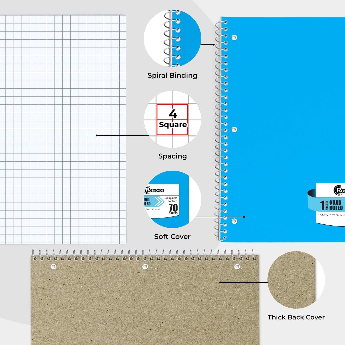 1 Subject Graph Paper Spiral Notebook, 24 Pack, 70 Sheets (140 Pages), 8 x 10-1/2" Bulk 4x4 Spiral Bound Grid Notebooks, 3 Hole Punched Single Subject Quad Ruled Spiral Notebooks for School
