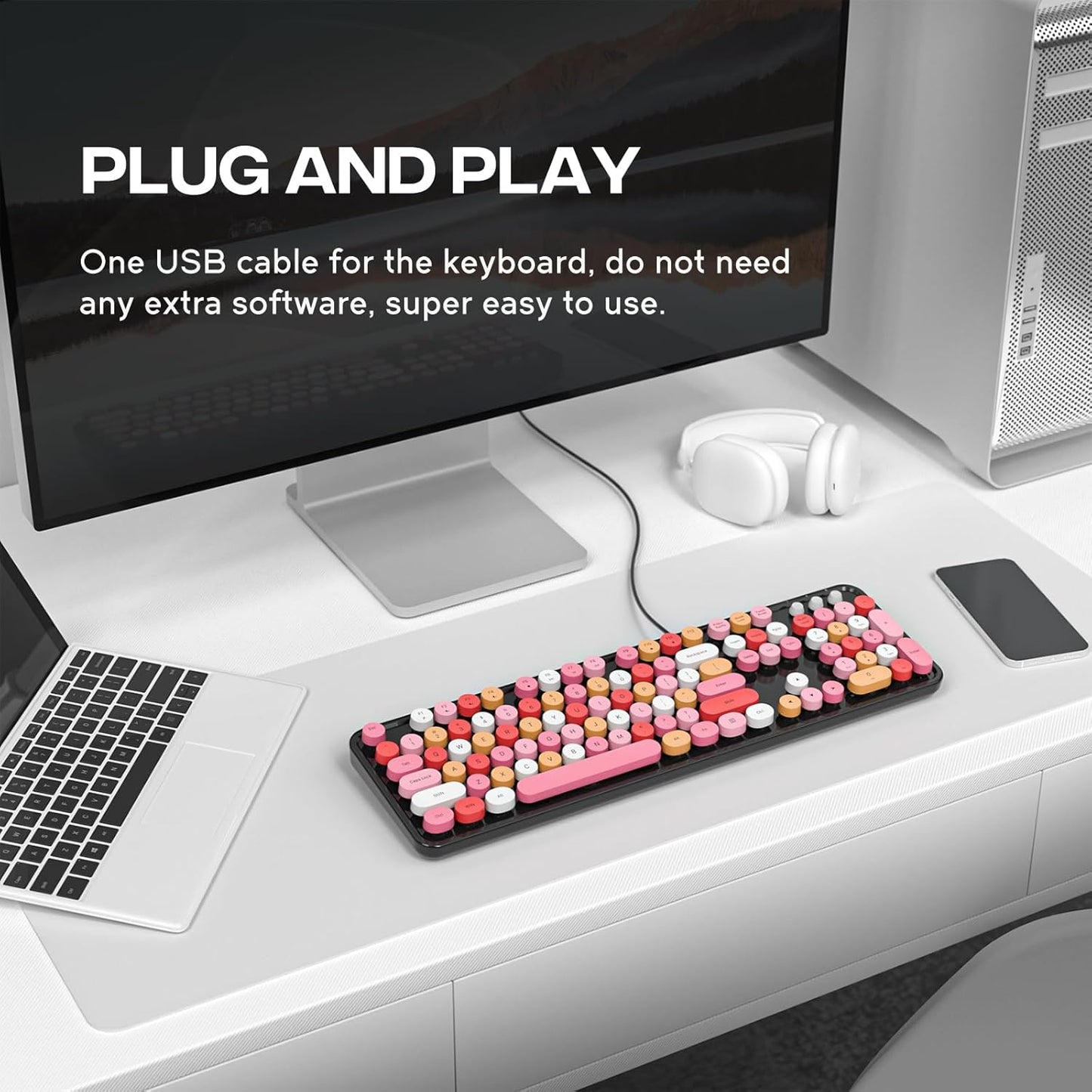 USB Wired Computer Keyboard - Retro Typewriter Keyboard - Full Size Office Keyboard with Number Pad, Caps Indicators, Foldable Stands, for PC Laptop Desktop Windows (Black Colorful)