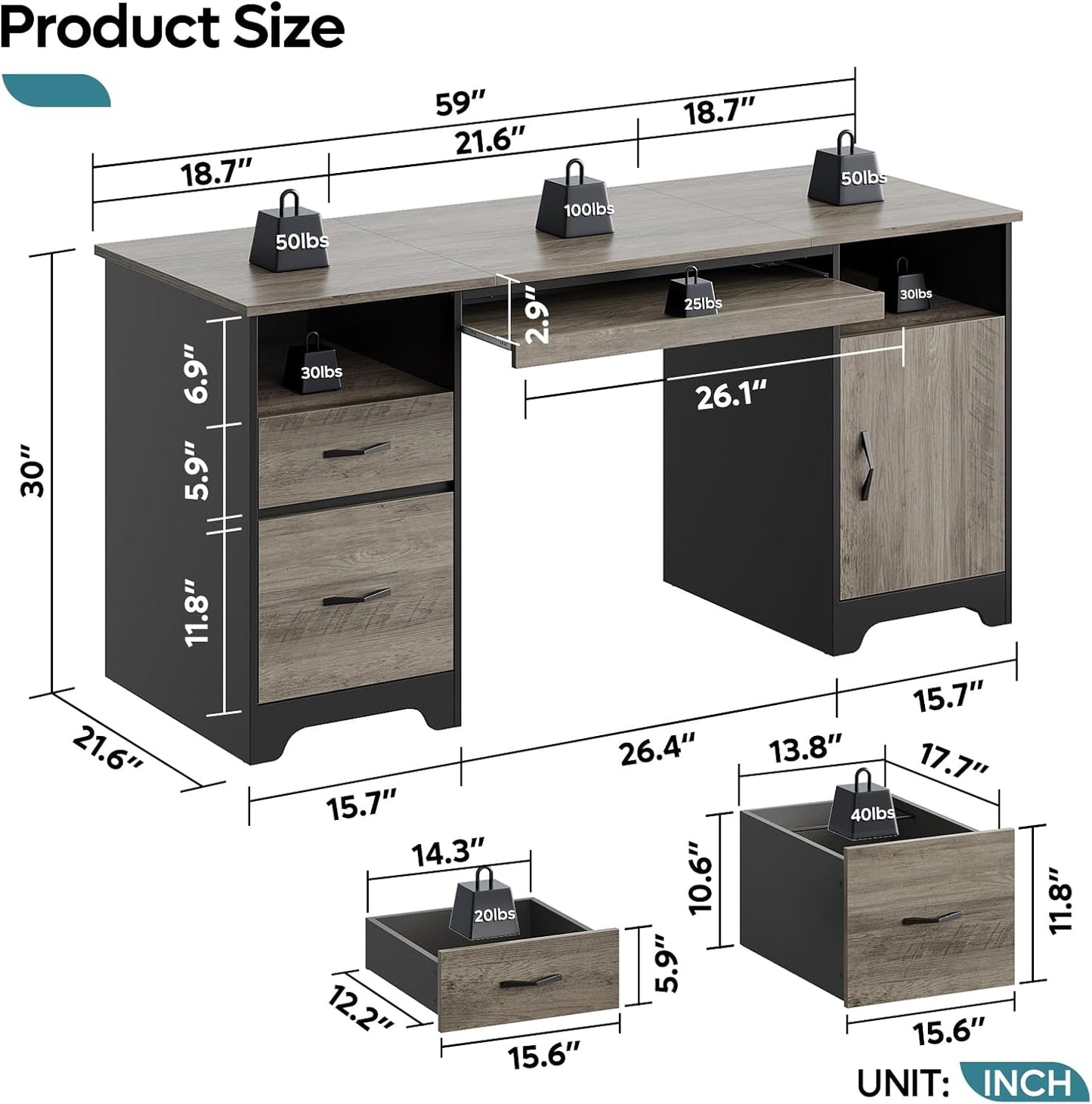 Bestier 59” Executive Desk with 2 Drawers, Computer Desk with Storage Cabinet, Industrial Wood Desk with File Drawer, Keyboard Tray & 2 Pedestals for Home Office & Studio, Gray