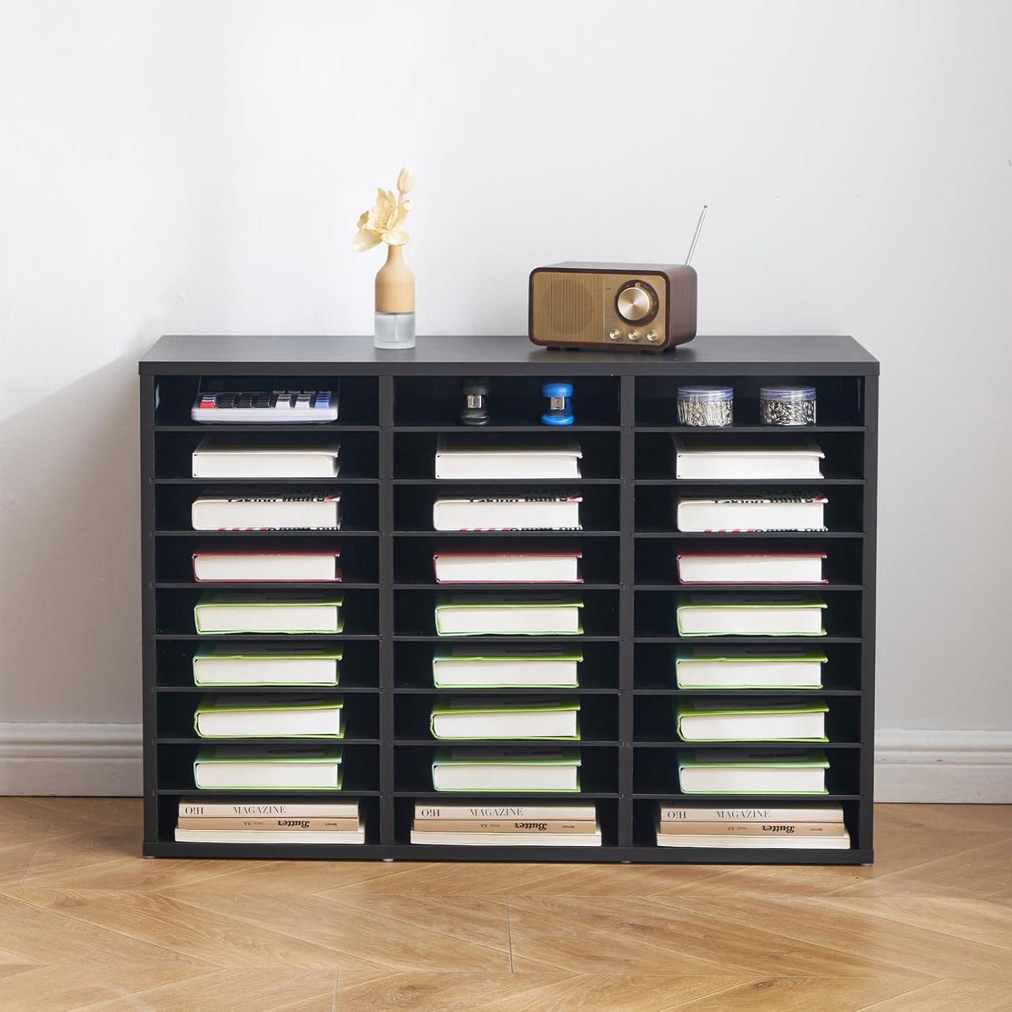 VEVOR Literature Organizer, 27 Compartments Office Mailbox with Removable Shelves, Wooden Mailbox Sorter Particle Board Office Home Classroom Storage, File Sorter for Files, Documents, Papers, Black