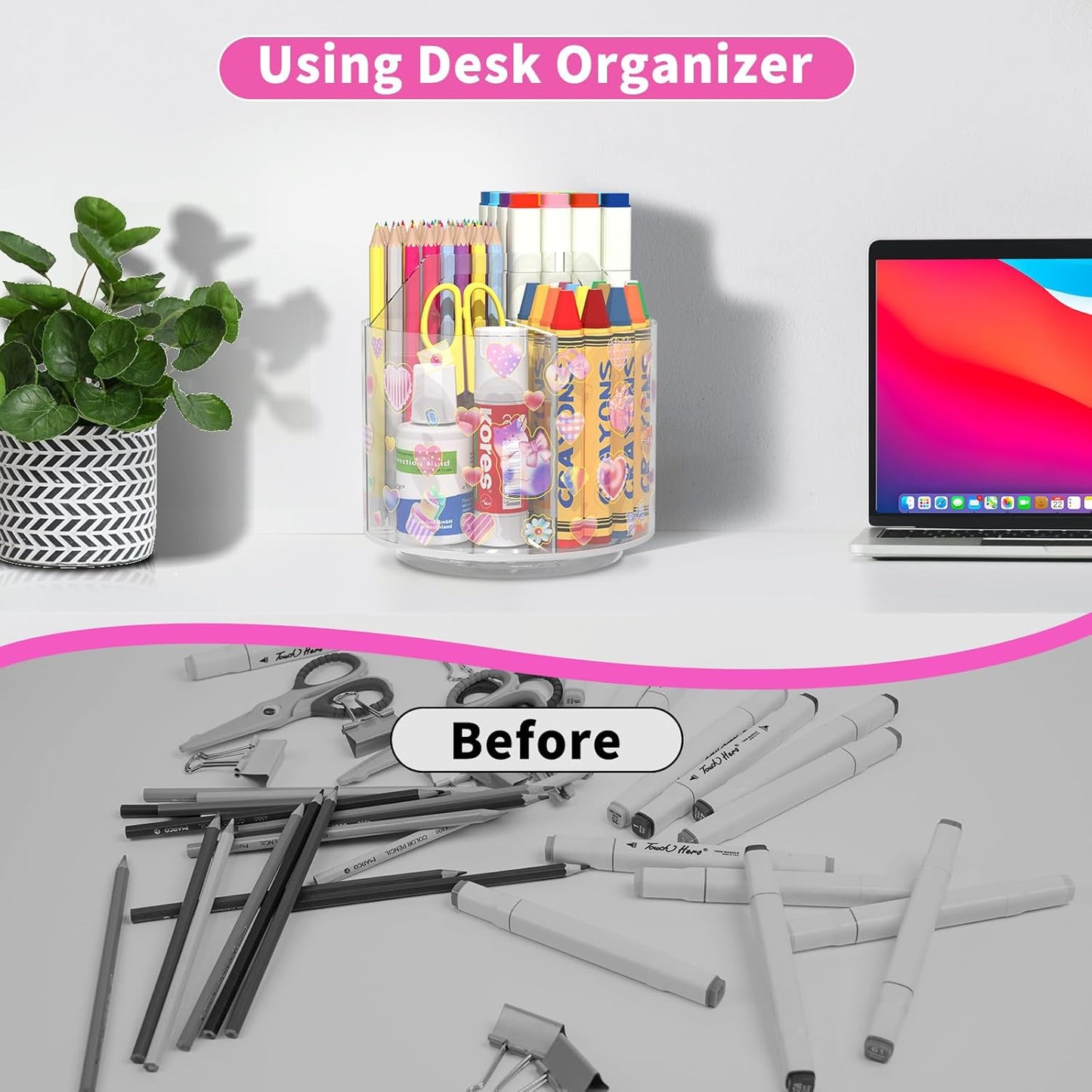 Acrylic Pencil Organizer for Desk 4 Compartments with Adhesive DIY Sticker, Rotating Art Supply Organizer with Kawaii Sticker Kids, Spinning Round Marker Organizer Small Supply Organizers Caddy