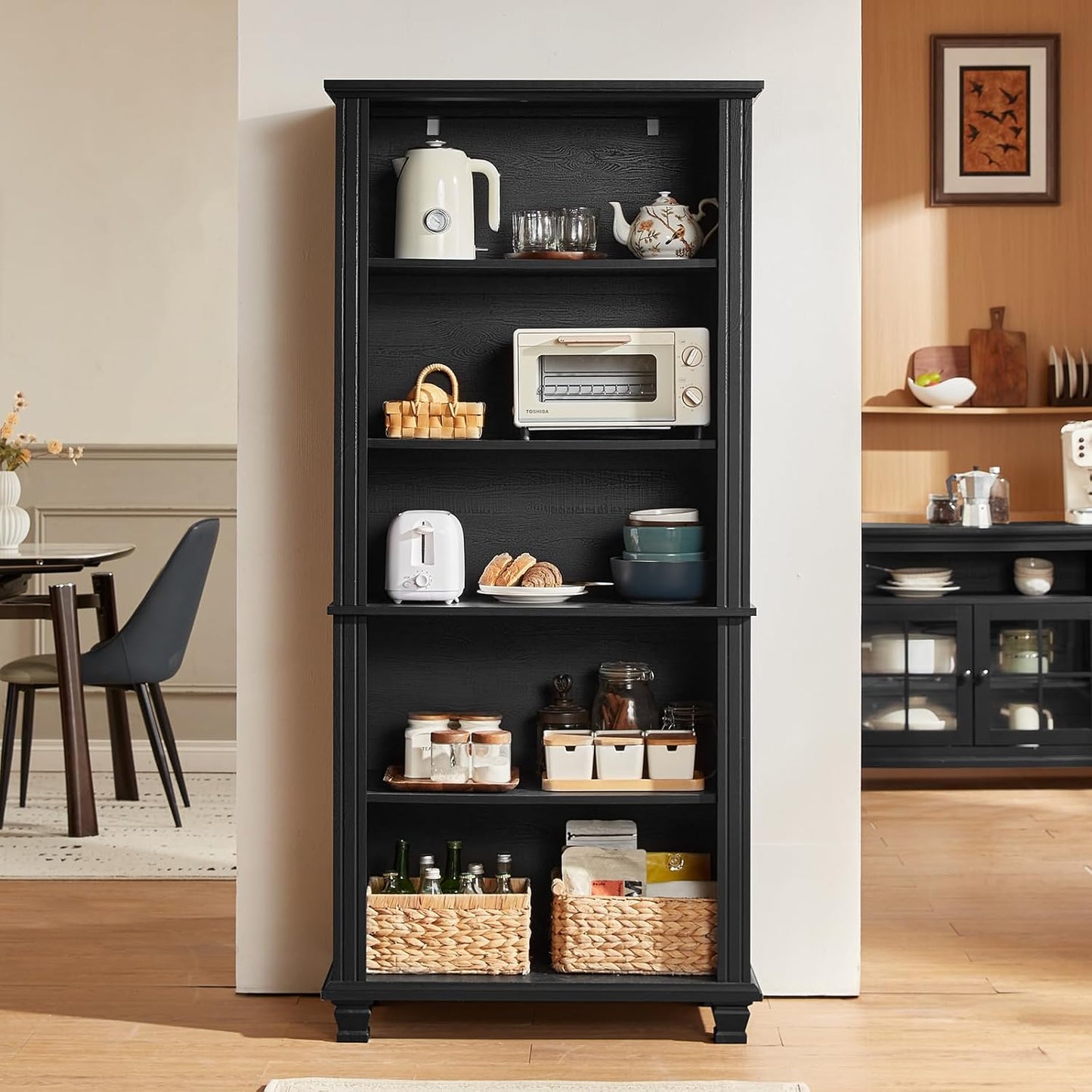 70" Tall Black Bookshelf,5 Tier Wooden Book Shelf with Adjustable Shelves & Wood Legs,Free Standing Farmhouse Bookcase with Open Display Storage,Vintage Bookshelves for Living Room, 2PCS