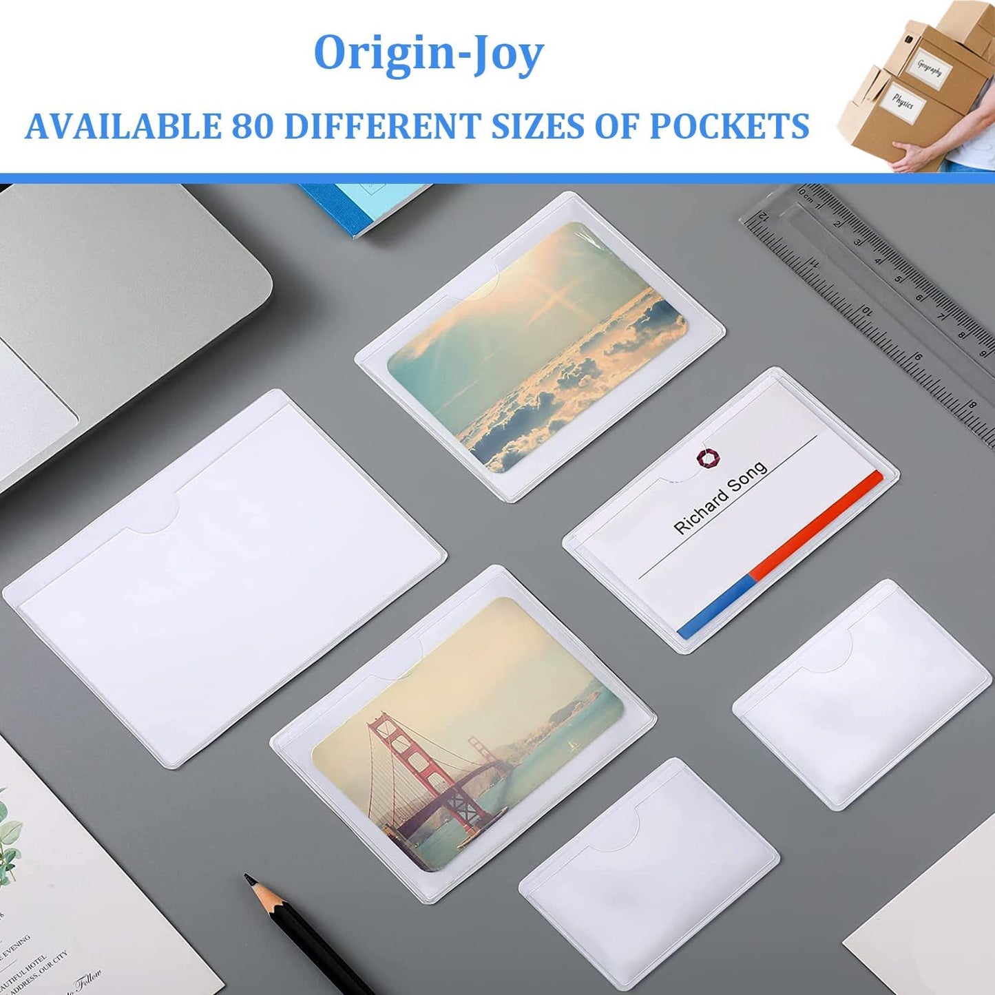 Origin-Joy 25 PCS Self-Adhesive Index Label Pockets, Clear Plastic Peel & Stick Card Holders with Top Open for Loading (9.5 x 2 inch)