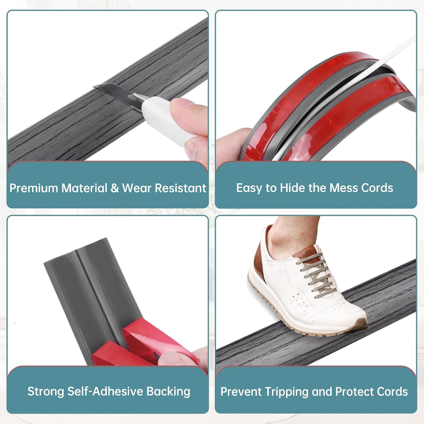 Floor Cord Cover Self Adhesive Cord Hider Floor Extension Cord Covers for Floor Power Cord Protector Cable Management Prevent Cable Trips Cable Cavity 0.59" W x 0.31" H (Deep Grey Wood, 3.3Ft)