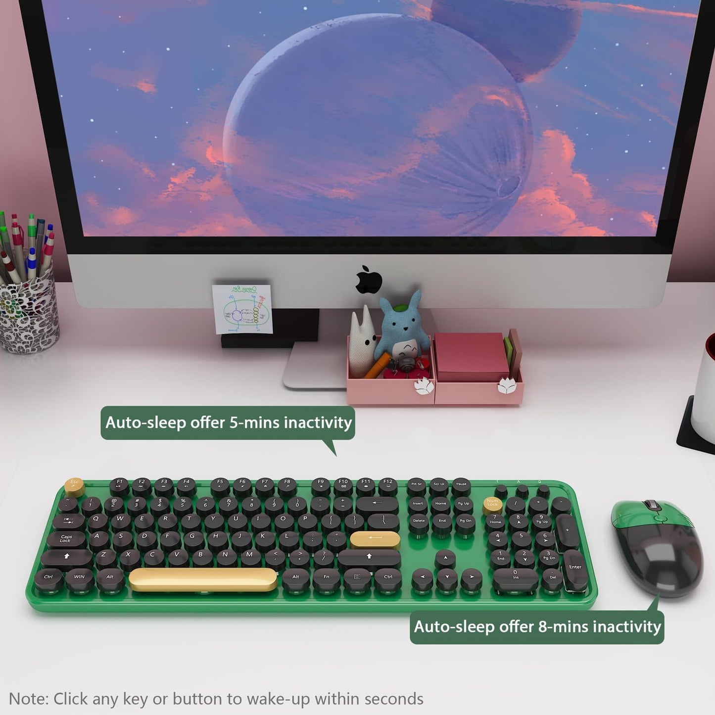Wireless Keyboard,KOOTOP Cute Colorful 104 Keys Typewriter Retro Round Keycaps Keyboard for PC Laptop,Desktop,Windows, Home and Office Keyboards (Black Green)