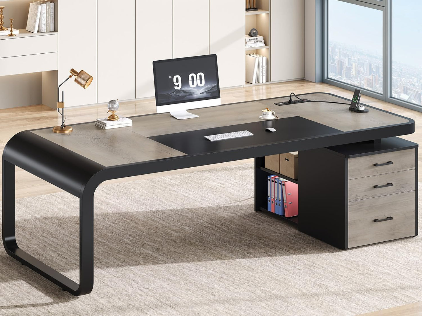 Itaar 70.9" Executive Desk, Large Computer Desk with Drawers and Lateral File Cabinet, Office Desk with Removable Shelves, Business Furniture Desk Workstation for Home Office, Gray