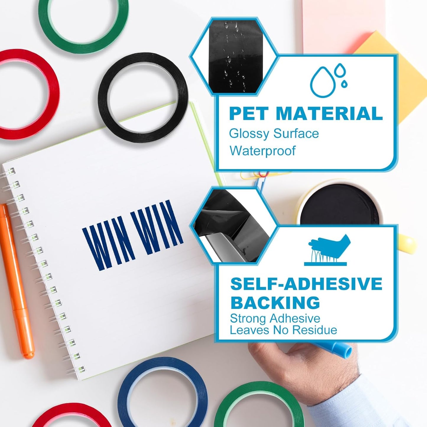 MECCANIXITY Whiteboard Tape 3/4" x 72 Yard Pinstripe Graphic Chart Line Grid Marking Tapes for Classroom Office Dry Erase Board Art, Black, Pack of 3