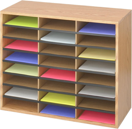 Safco Wooden Paper and Mail Organizer for Home Office and Classroom, 24 Letter-Size Compartments, Medium Oak