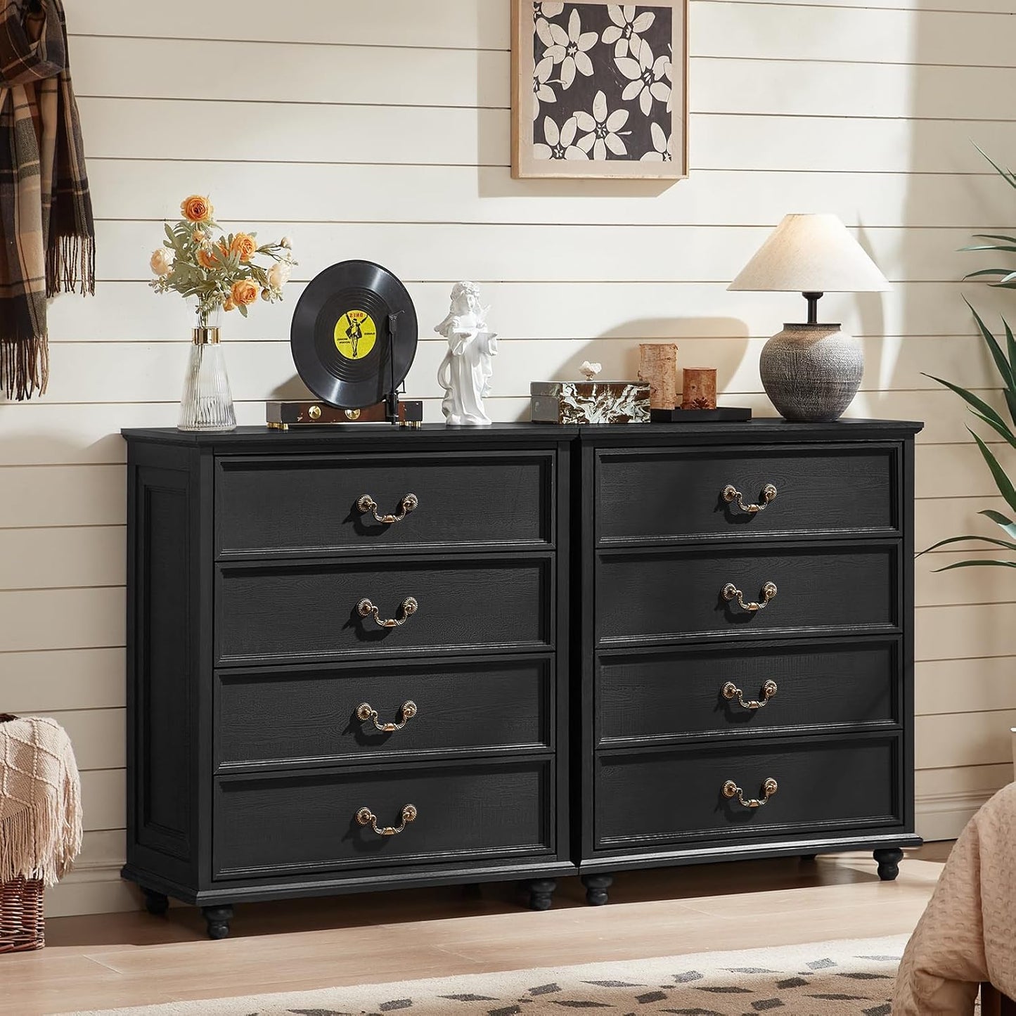 Farmhouse 4 Drawer Dresser Set of 2 for Bedroom, 37" Tall Rustic Chests of Drawers w/ 4 Solid Wood Feet, Mid Century Vintage Wooden Closet Storage Dressers Organizer for Living Room, Black