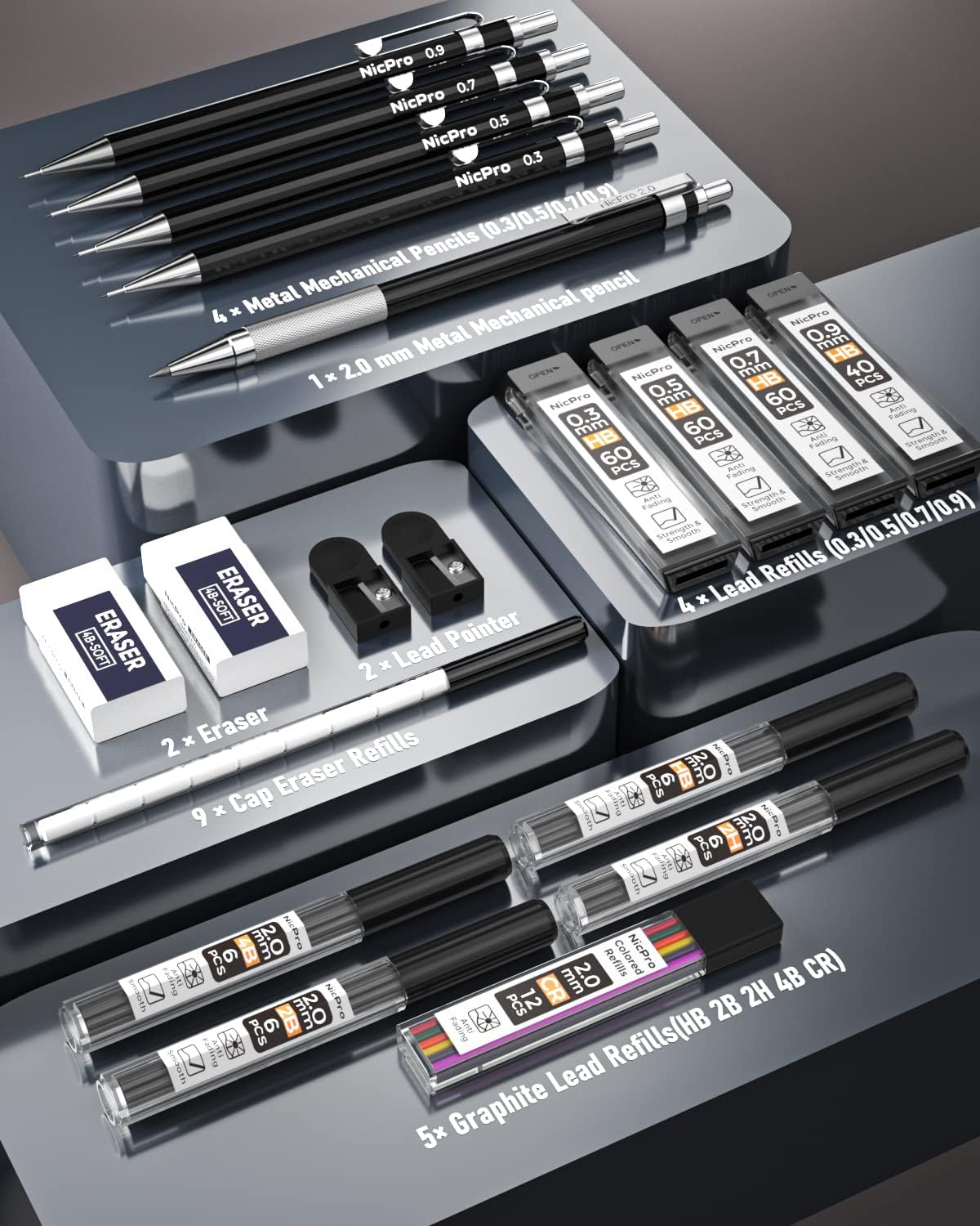 Nicpro Black Art Mechanical Pencil Set in Case, Metal Drafting Pencils 0.3, 0.5, 0.7, 0.9 & 2mm Graphite Holders (2H HB 2B 4B Colored Lead) for Sketching Drawing with 9 Lead Refills, 2 Erasers