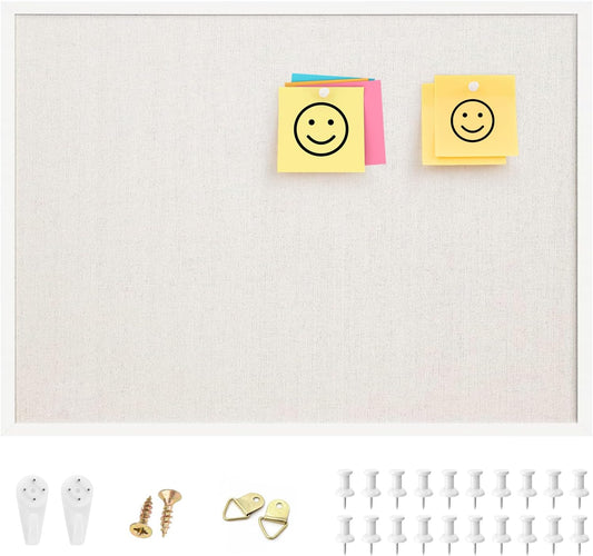 OWLKELA 17"x23" inch Linen Cork Board, White Frame, with 20 Pushpins, Bulletin Board with Linen, Ideal for School, Home & Office