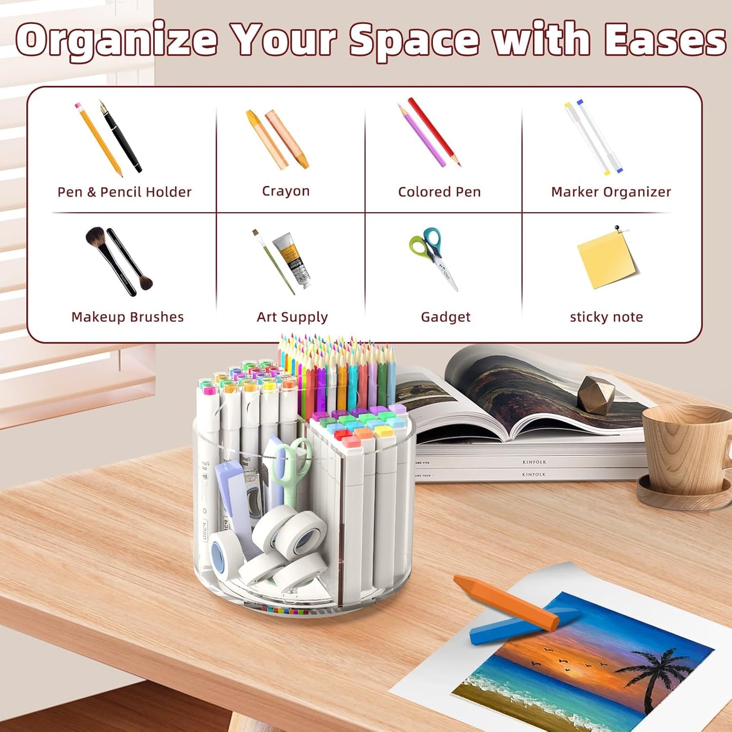 Absonic Pencil Holder for Kids, 360 Rotating Pen Holder for Desk Organizer and Storage, 4 Compartments Art Supply Marker Organizer, Acrylic Kids Desk Organizer for School Lazy Susan Organizer