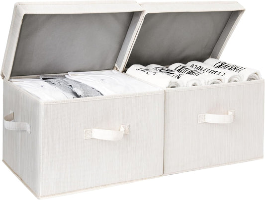 StorageWorks Fabric Storage Bins with Lid, Decorative Storage Boxes for Shelves, Stackable Closet Organizer Basket with Handles, Large, Mixing of Beige, White & Ivory, 2-Pack