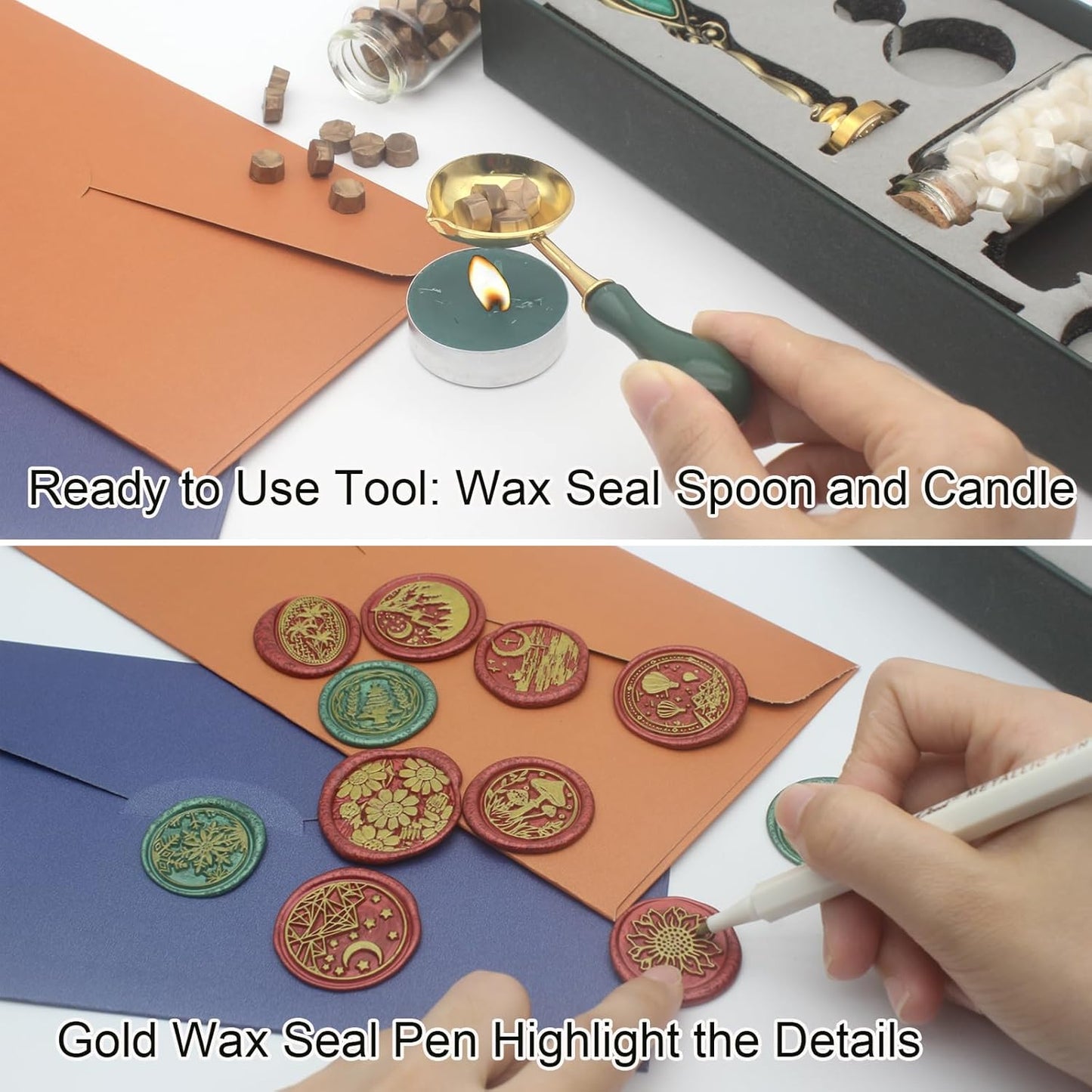 Letter Wax Seal Stamp Kit, Andotopee Wax Seal Kit Initial Alphabet S Sealing Wax Stamp Head 3pcs, Vintage Wax Stamp Seal Kit with Wax Seal Beads, Wax Seal Warmer Tools, Wax Seal Pen, Gift Box Set