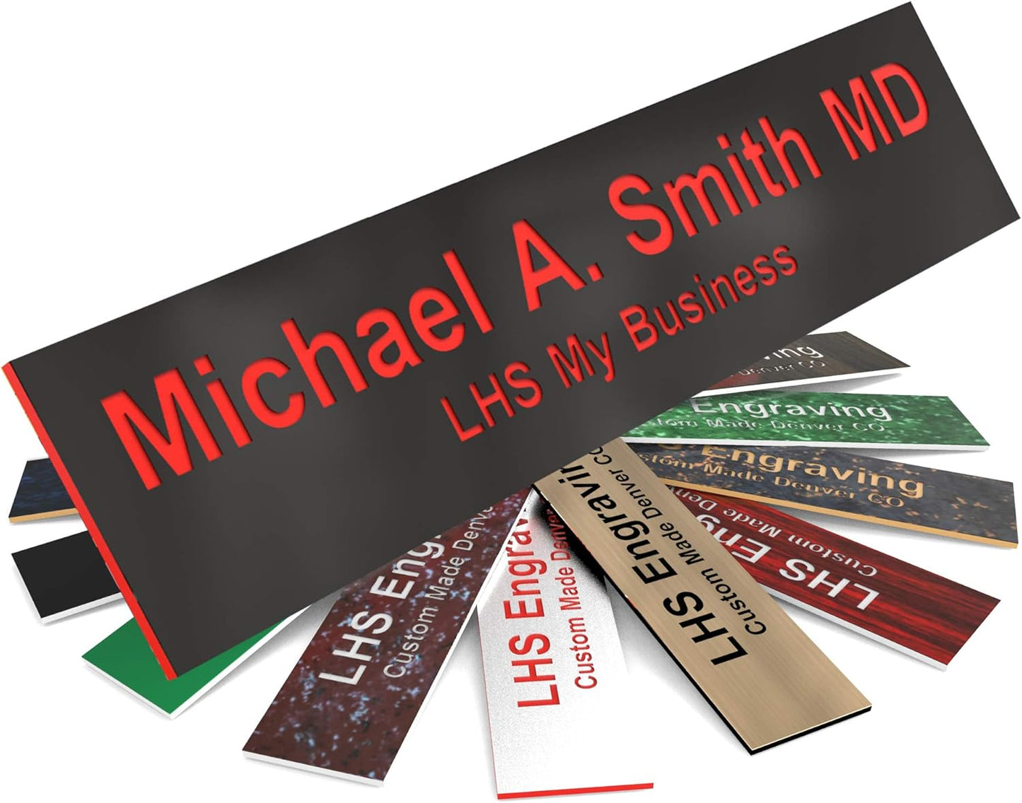 Engraved Name Plates for Door Sign Personalized Black Plastic Plaque with Red Letters - Made in USA 2x8 B19