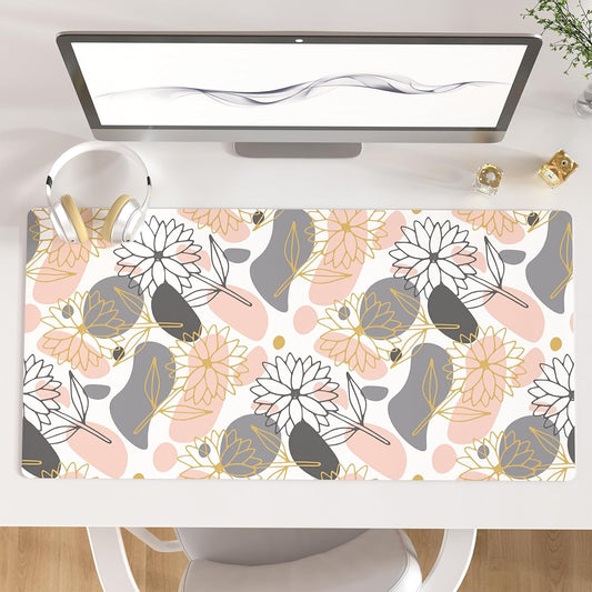QiyI Large Mouse Pad, Extended Desk Mat for Desktop, PU Leather Waterproof Gaming Mousepad, Computer Desk Accessories Protector Writing Pads for School Office Home 31.5" x 15.7" - Line Art Flowers
