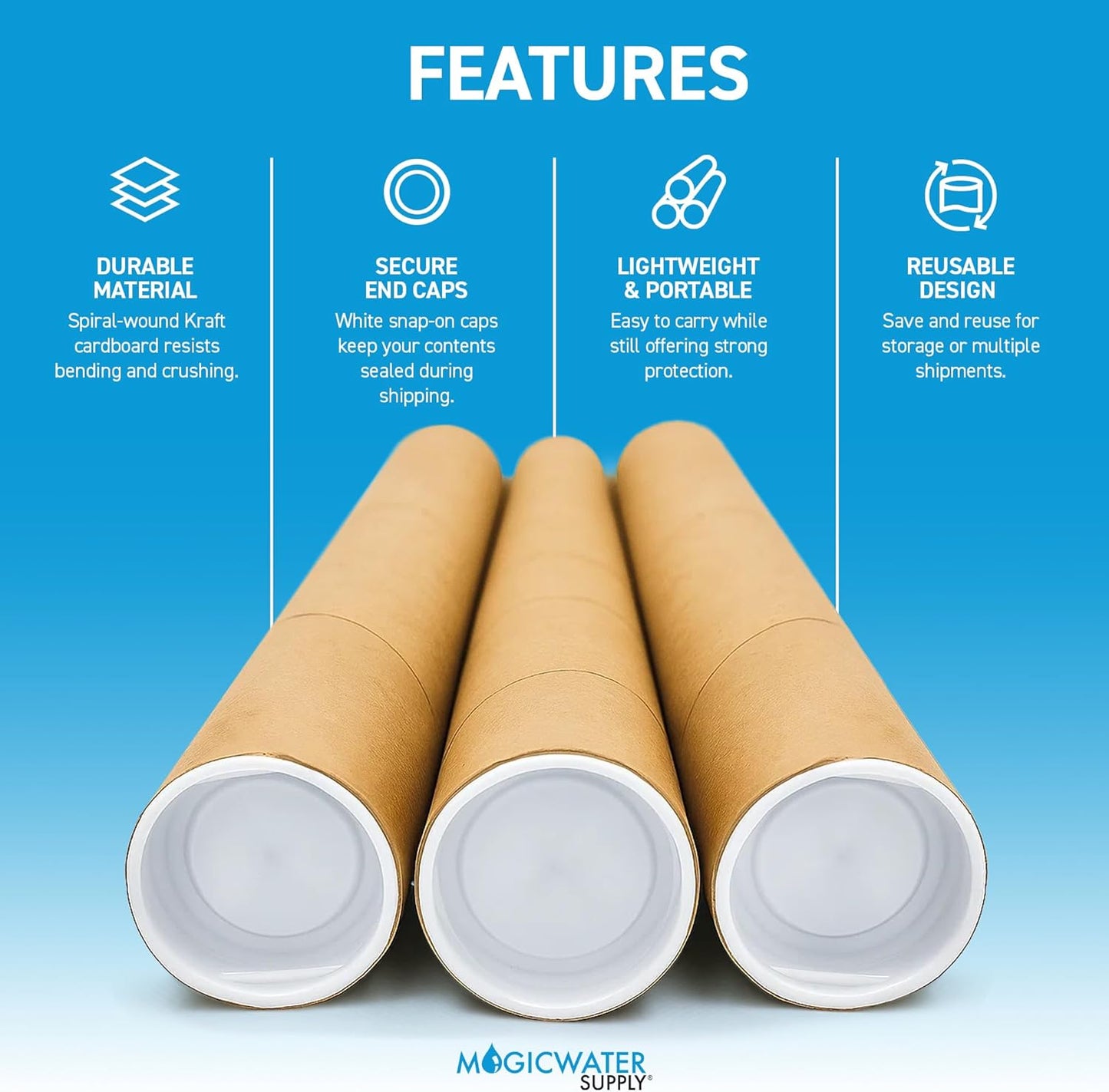 MagicWater Supply Mailing Tube - 1.5 in x 12 in - Kraft - 12 Pack - for Shipping and Storage of Posters, Arts, Crafts, and Documents